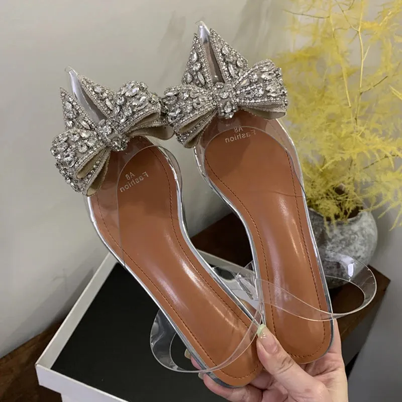 Advbridge  Elegant PVC Transparent Sequined Bowknot Women Pumps Crystal Low High Heels Sandals Party Prom Shoes Zapatillas De Mujer