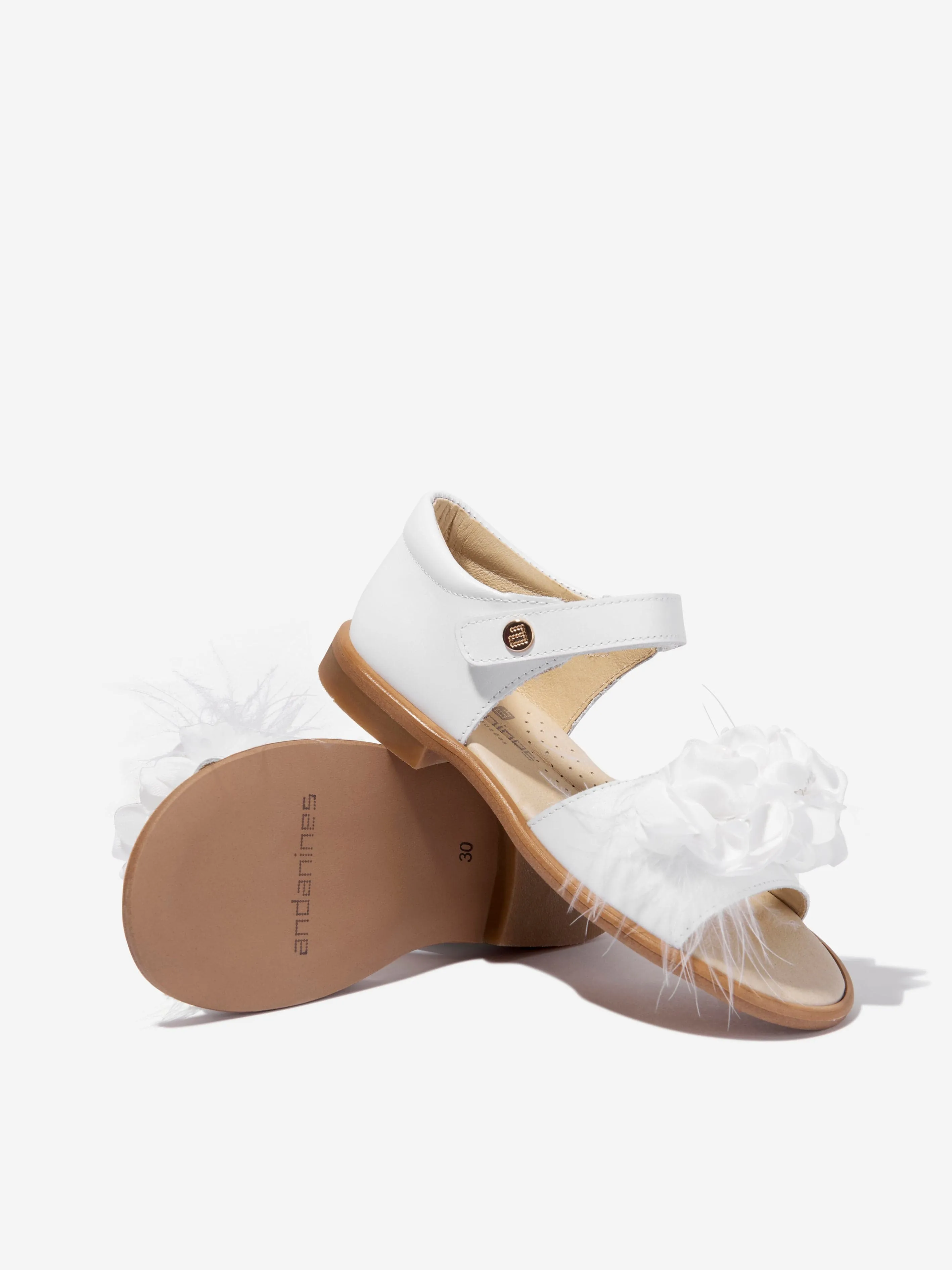 Andanines Girls Leather Sandals With Flower Strap in White