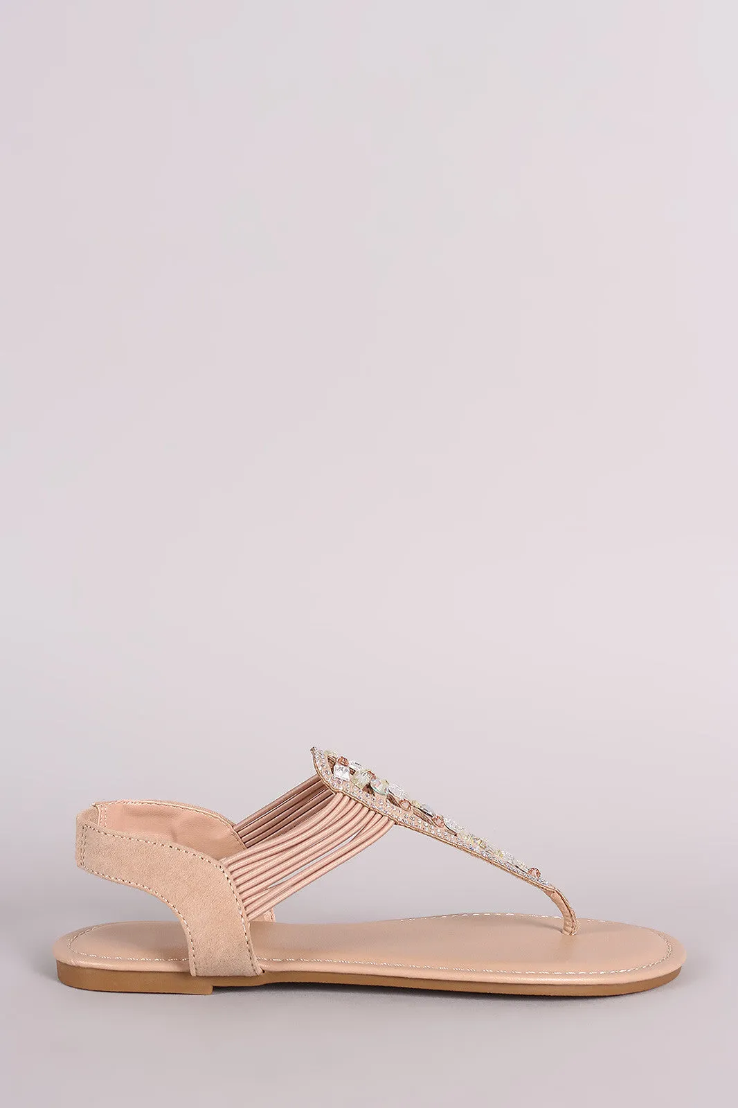 Bamboo Suede Rhinestone T-Strap Flat Sandal