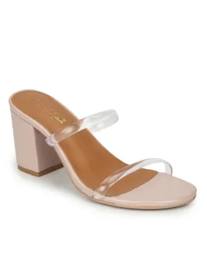 Beige PU Mules With Clear Straps