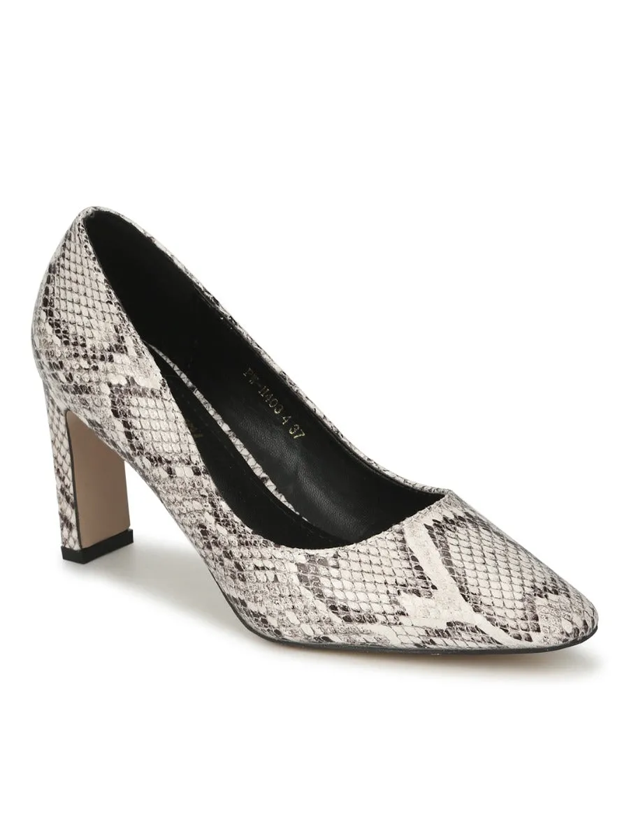 Beige PU Snake Pattern Slim Block Heel Pumps