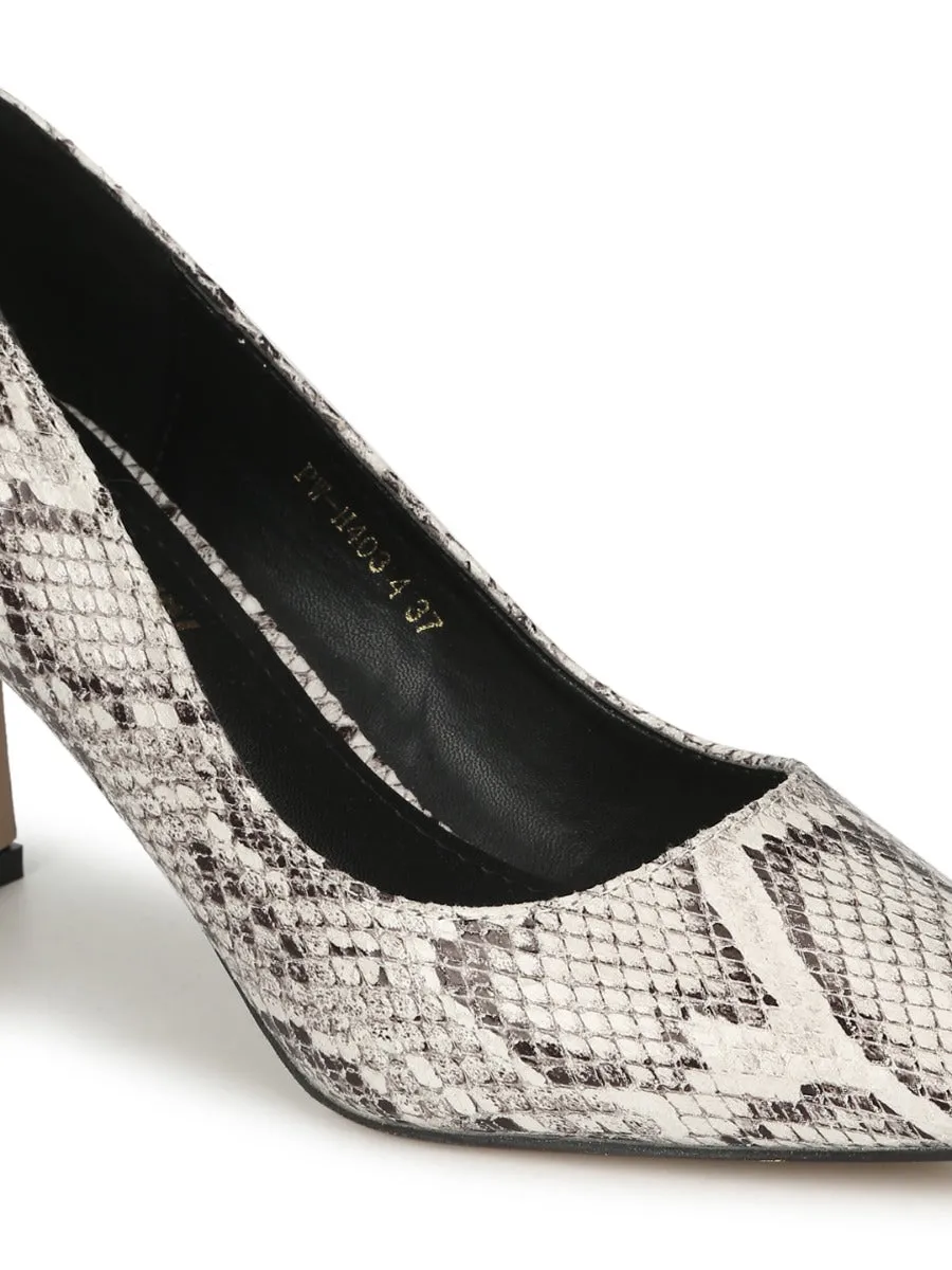 Beige PU Snake Pattern Slim Block Heel Pumps