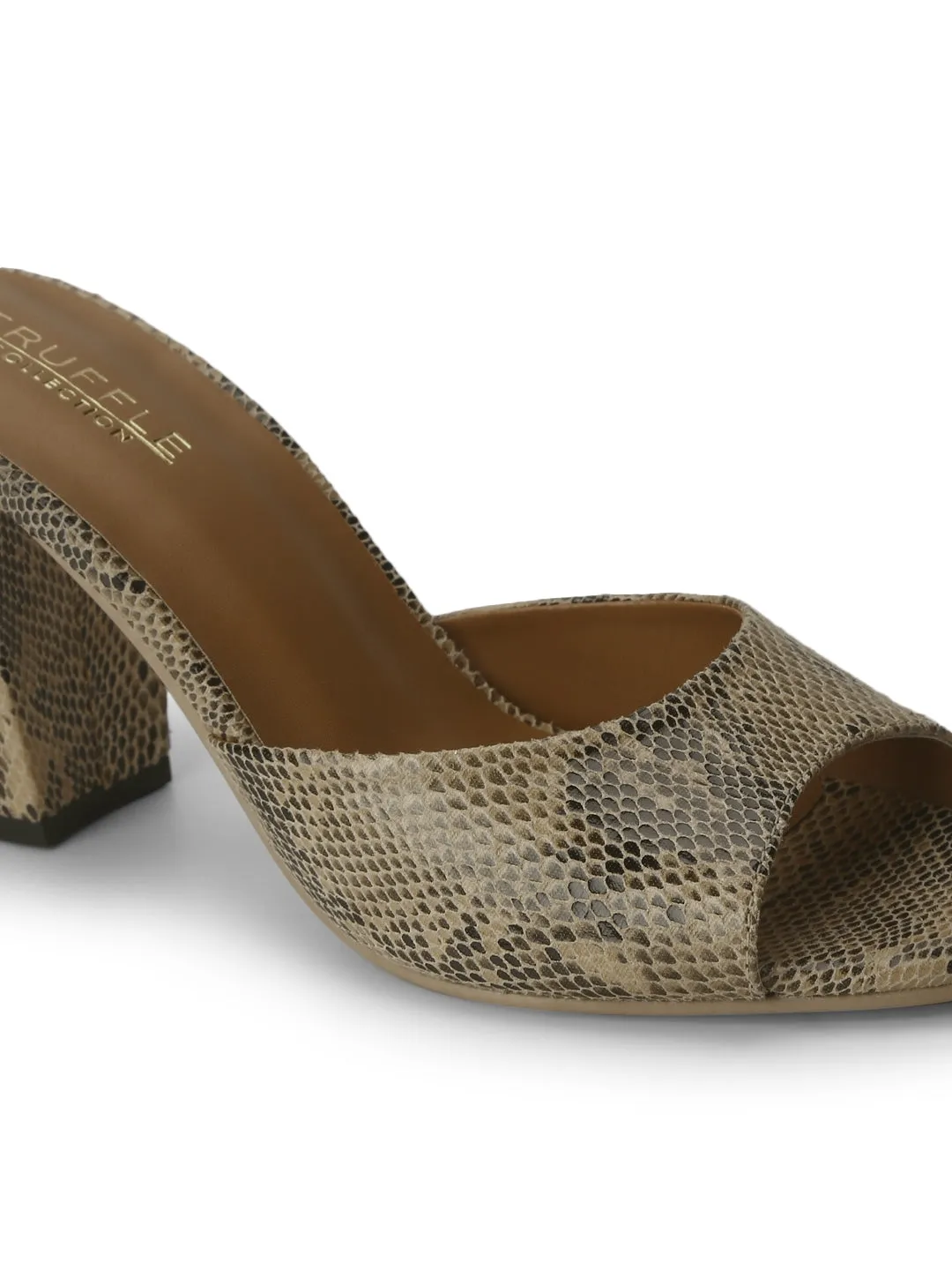 Beige PU Snake Peep Toe Mules