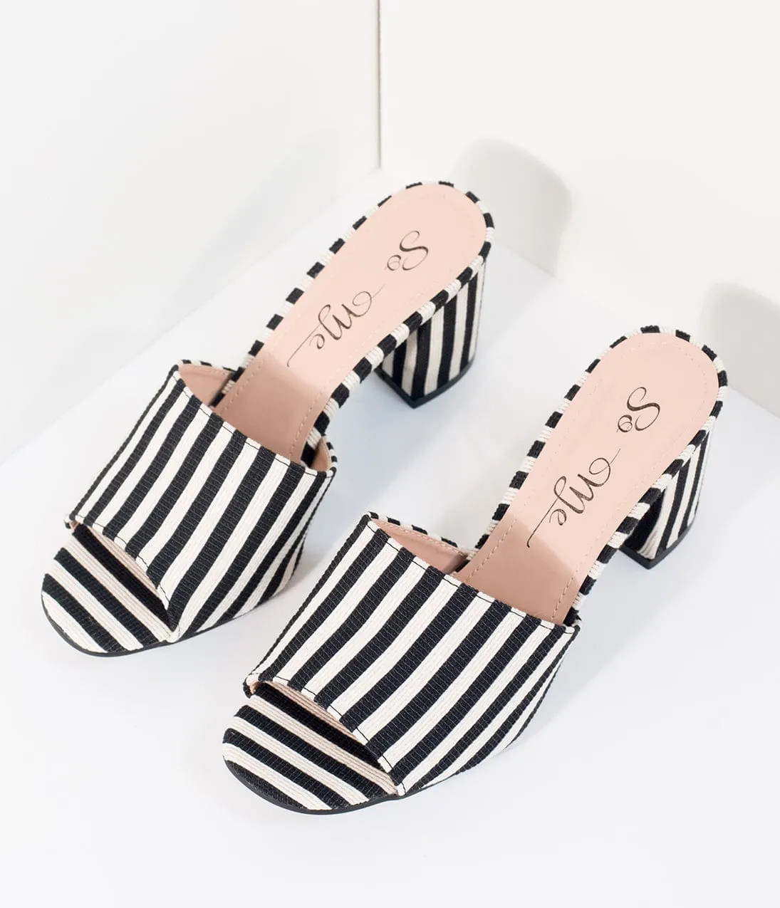 Black & White Stripe Woven Peep Toe Mule Heels