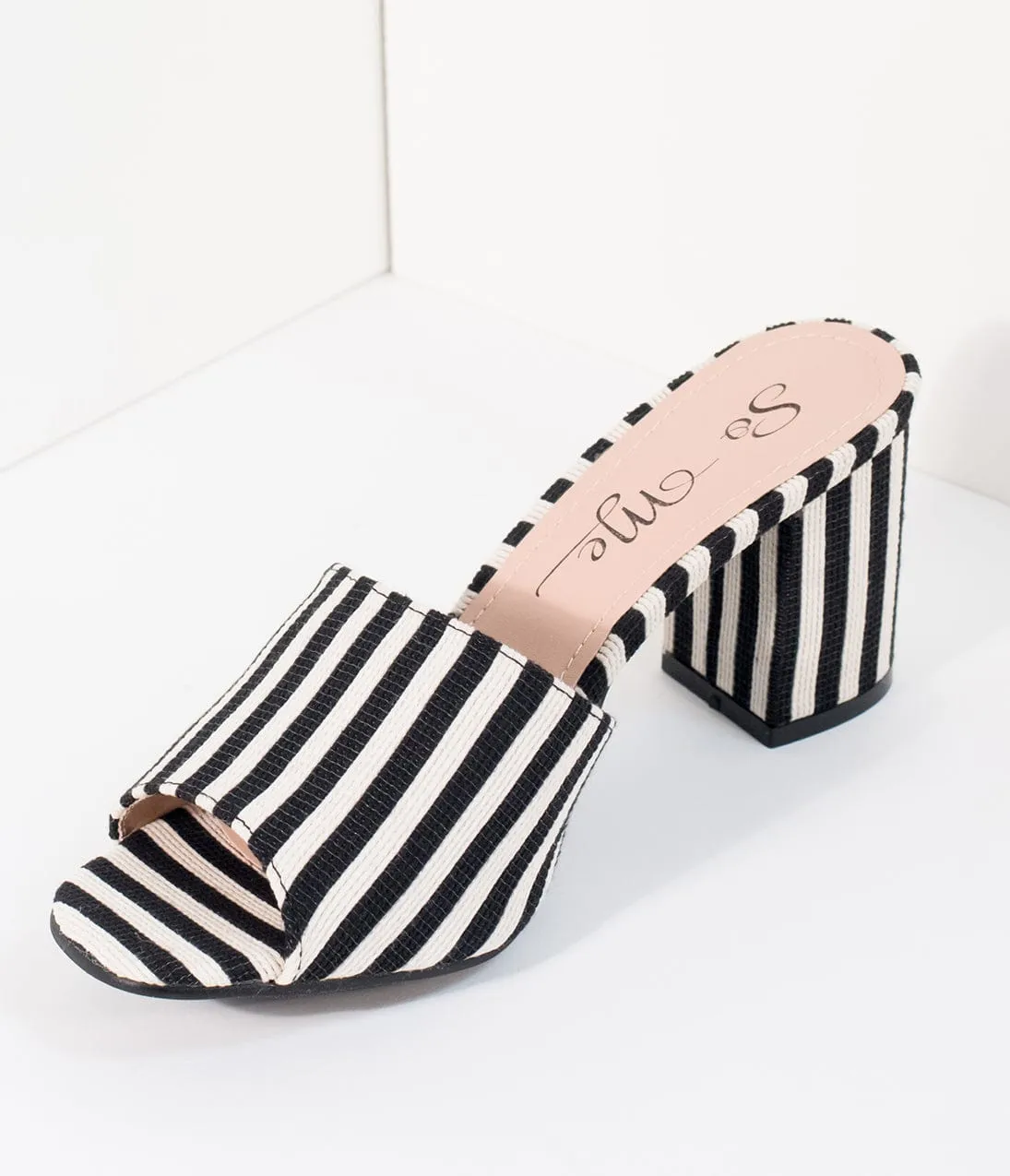 Black & White Stripe Woven Peep Toe Mule Heels