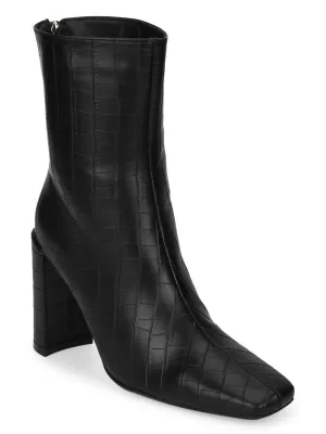 Black Croc PU High Heel Sock Ankle Boots