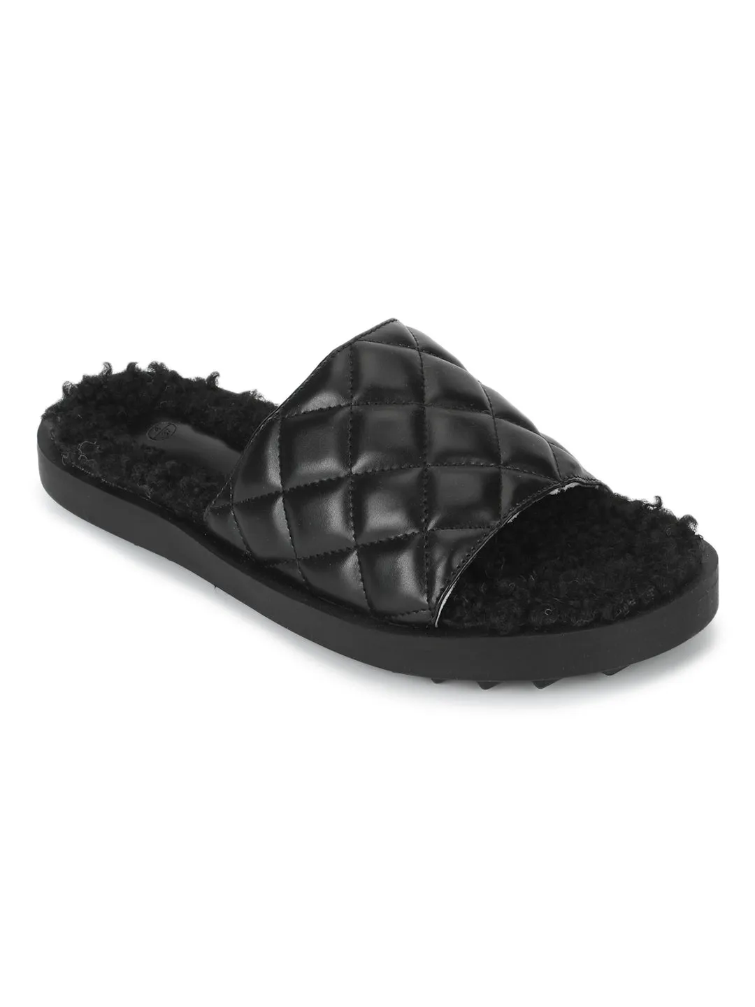 Black PU Faux Fur Quilted Slip Ons (TC-RLST7-BLK)