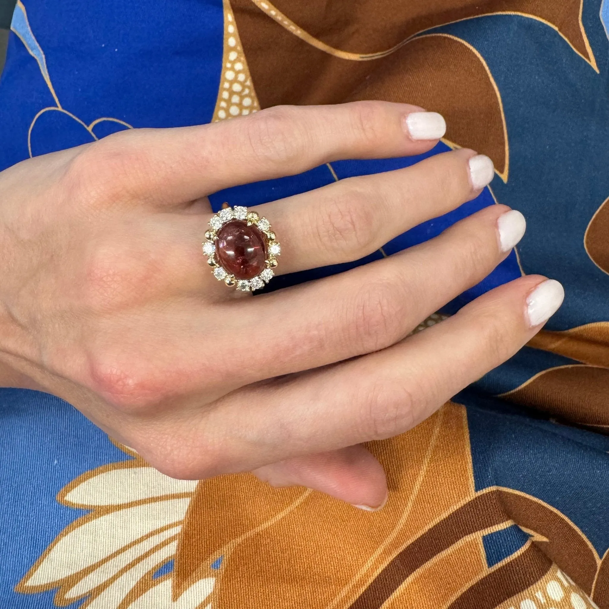 Cabochon Pink Tourmaline & Diamond Halo Ring