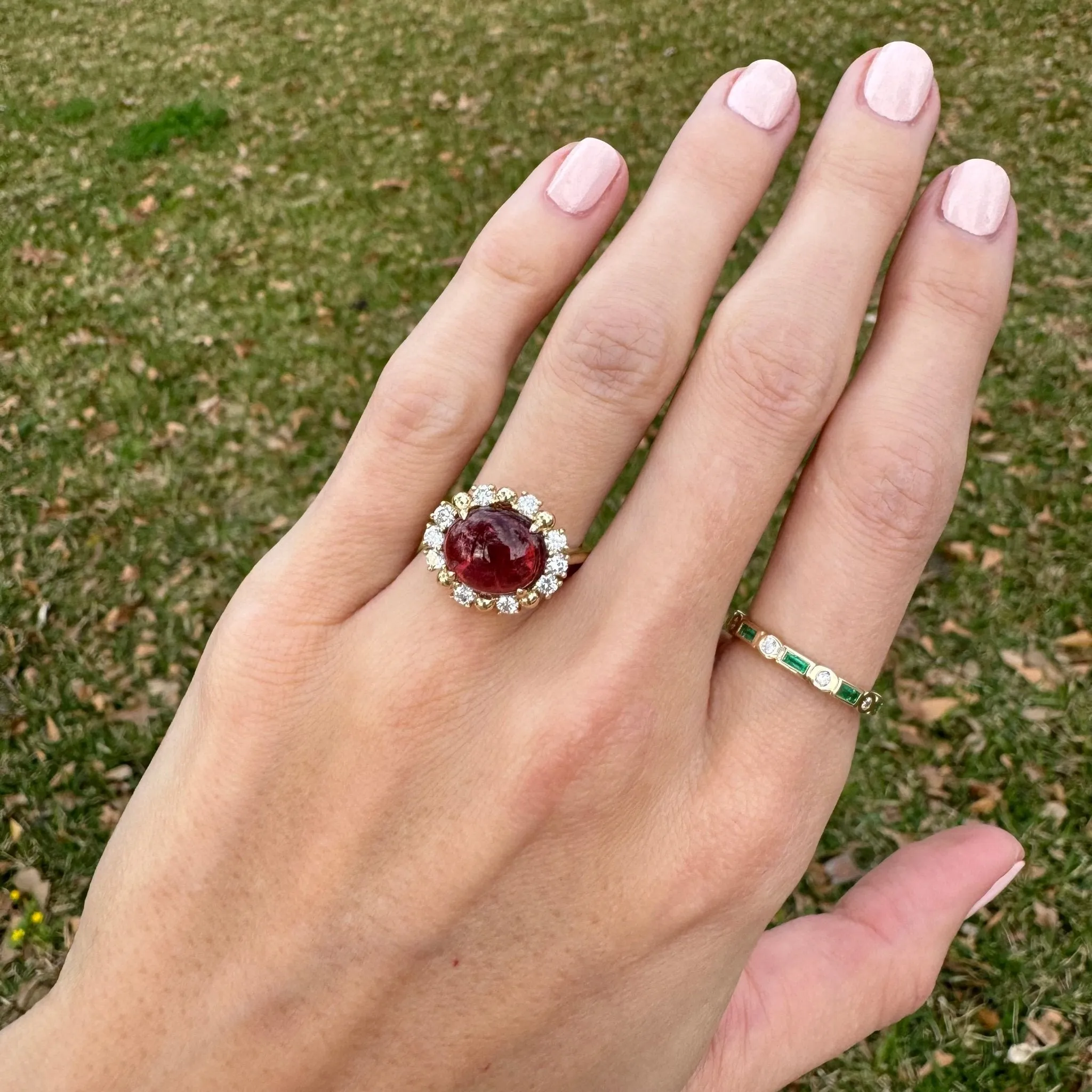 Cabochon Pink Tourmaline & Diamond Halo Ring