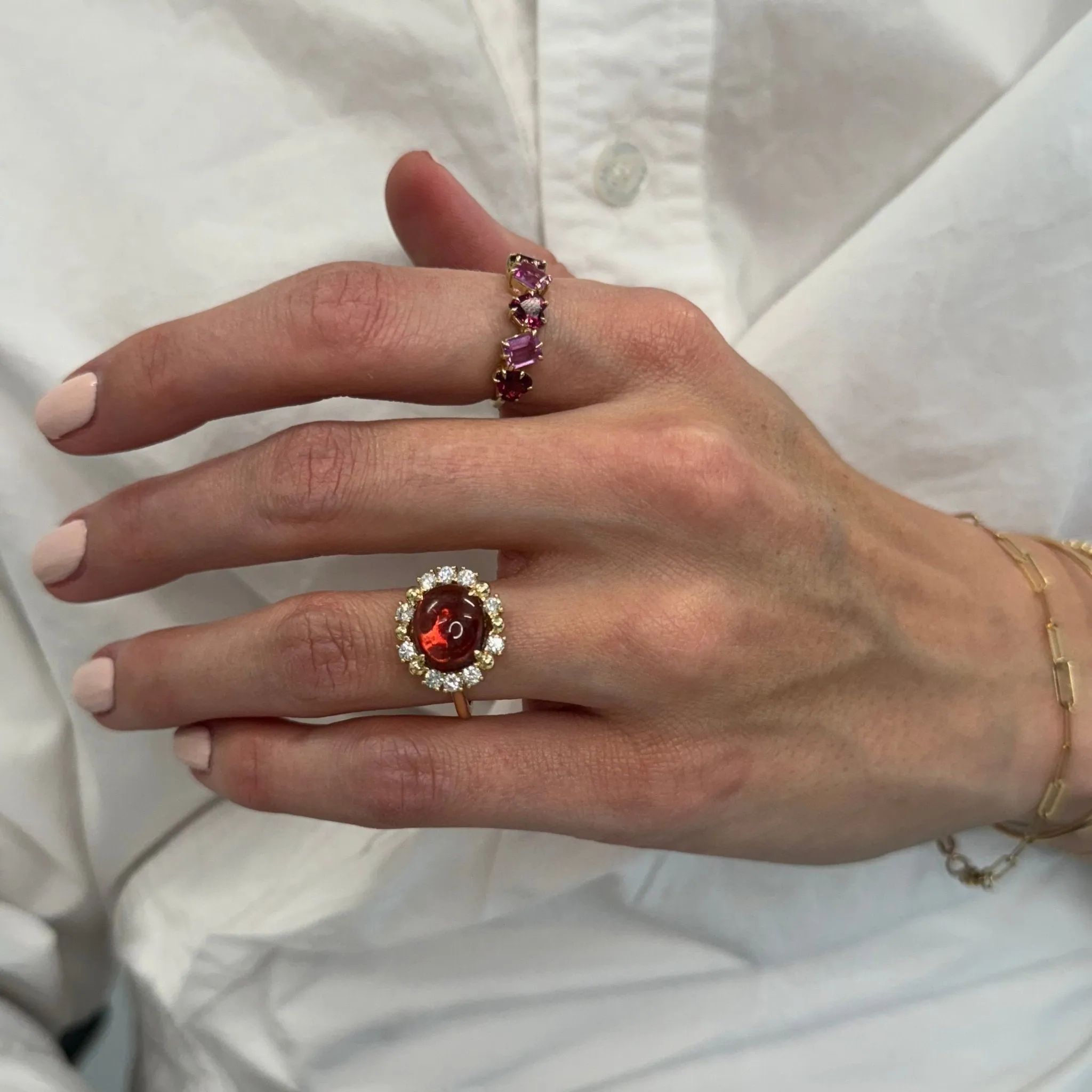 Cabochon Pink Tourmaline & Diamond Halo Ring