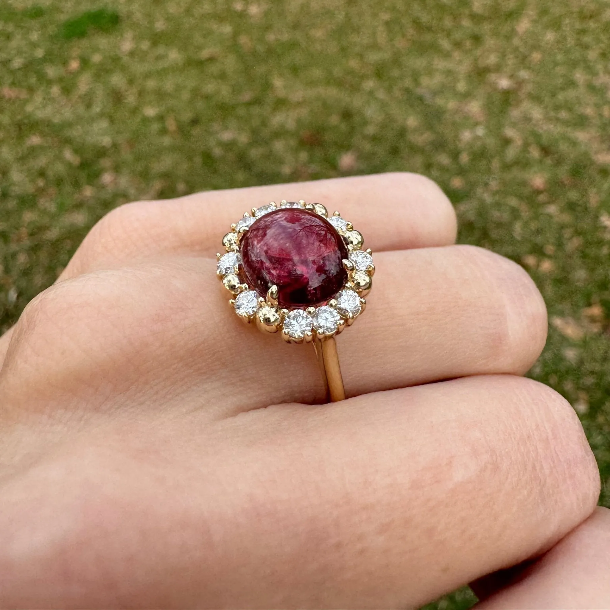 Cabochon Pink Tourmaline & Diamond Halo Ring