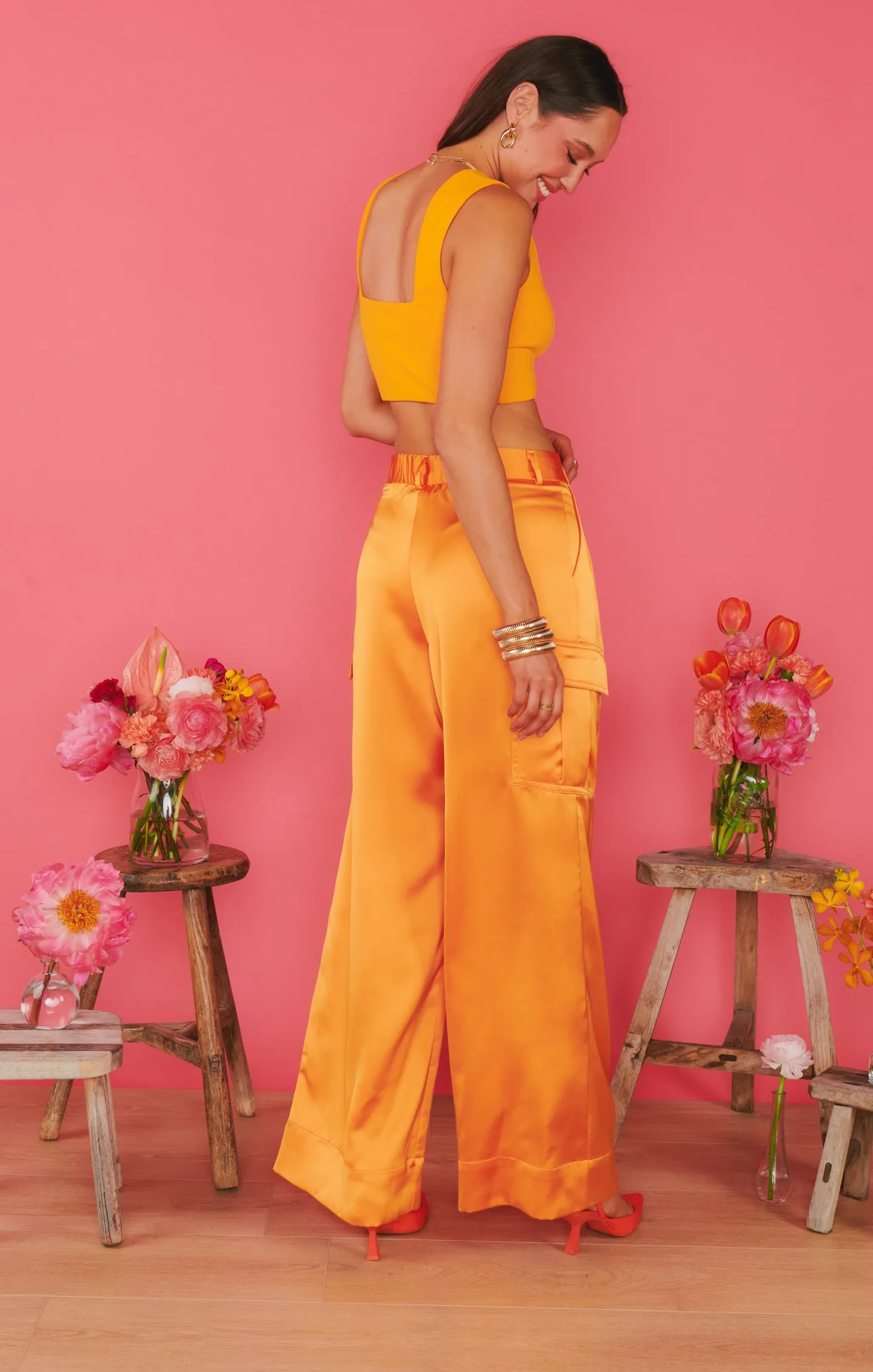 Cameo Cargo Pants ~ Tangerine Fluid Satin