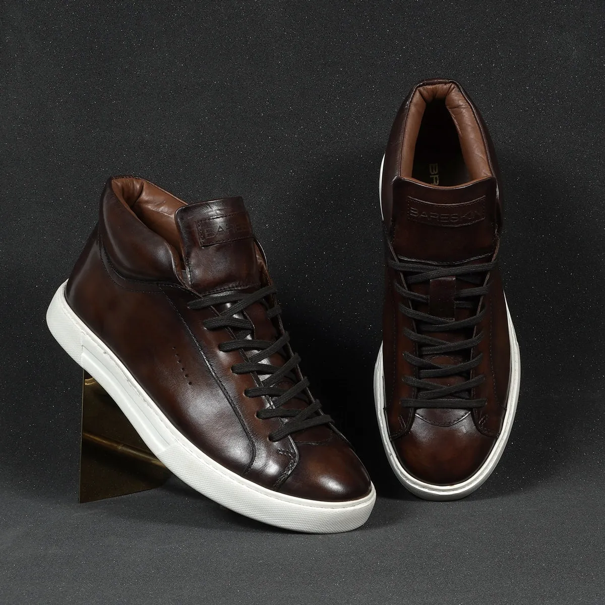 Casual Lace-Up Sneaker with Paint Brush Look in Dark Brown Genuine Leather