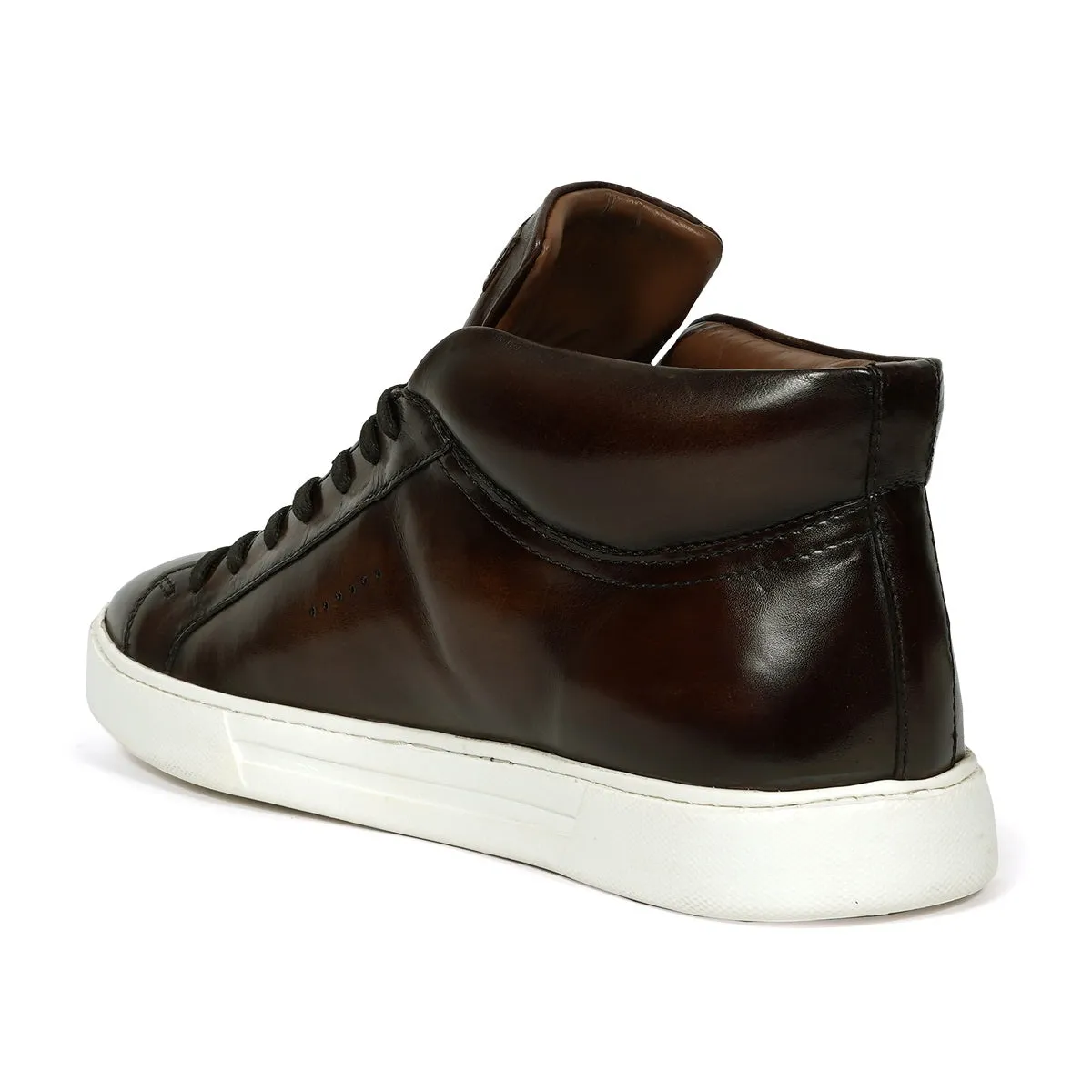 Casual Lace-Up Sneaker with Paint Brush Look in Dark Brown Genuine Leather