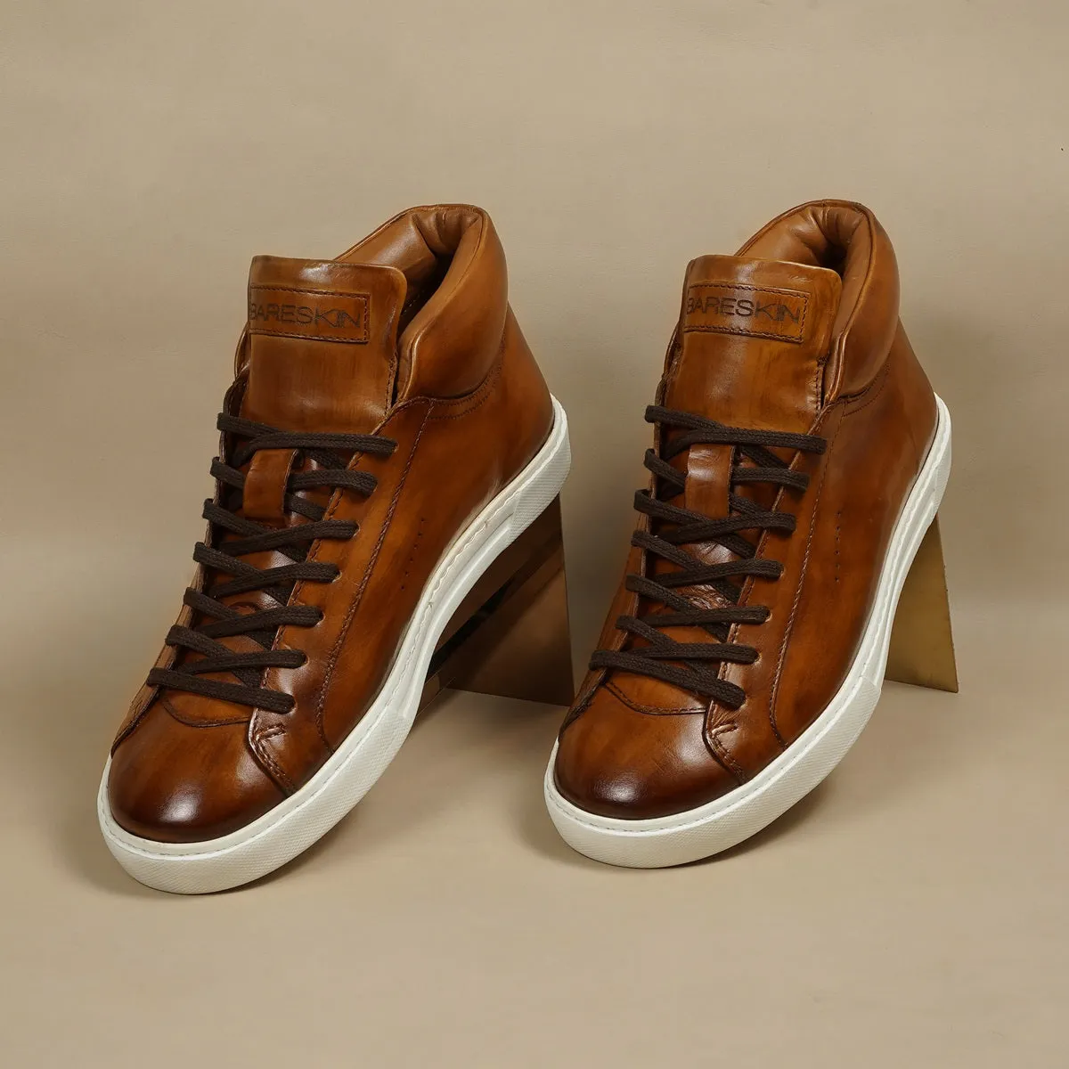 Casual Tan Leather Sneaker with Paint Brush Look