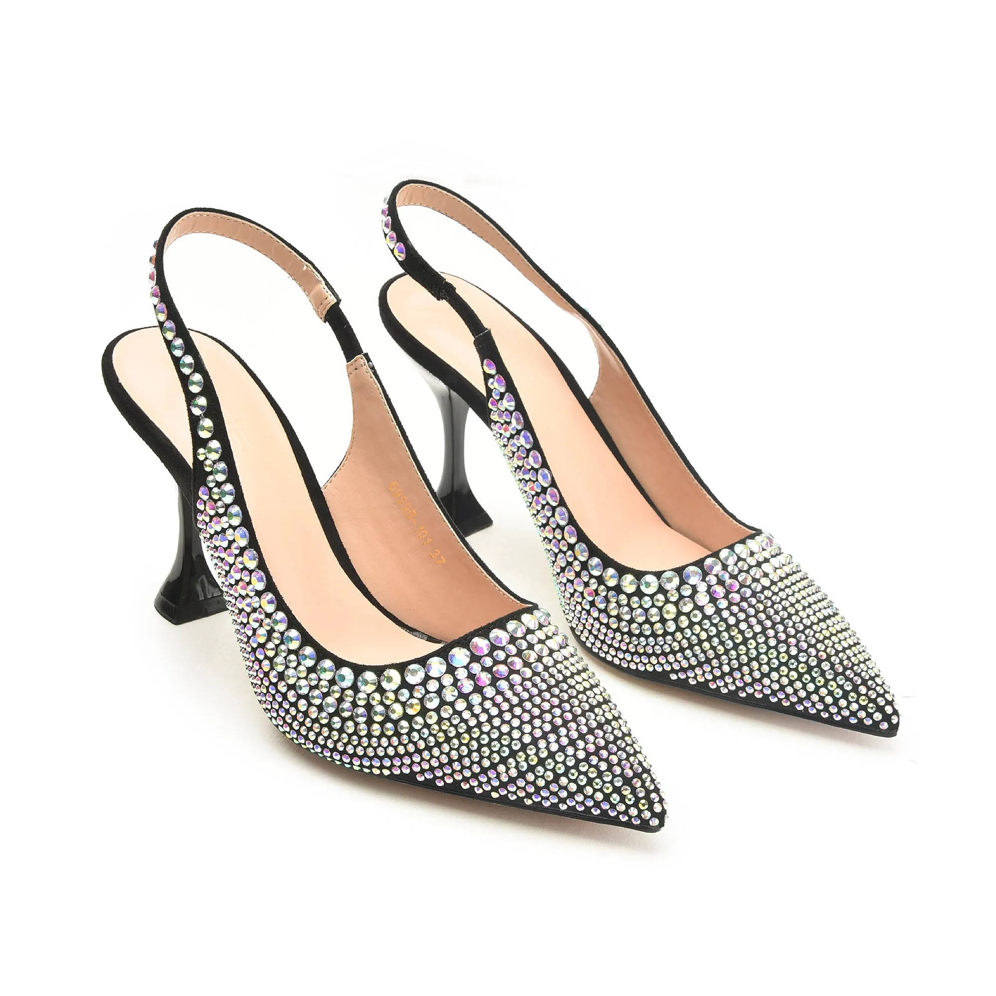 Dazzling Black and Silver Rhinestone Slingback Heels | 423M-C