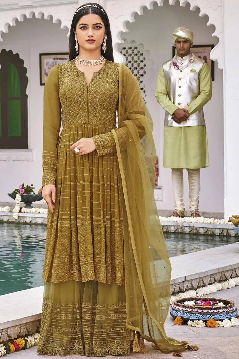 Dazzling Yellow Pure Georgette Embroidered Sharara Suit