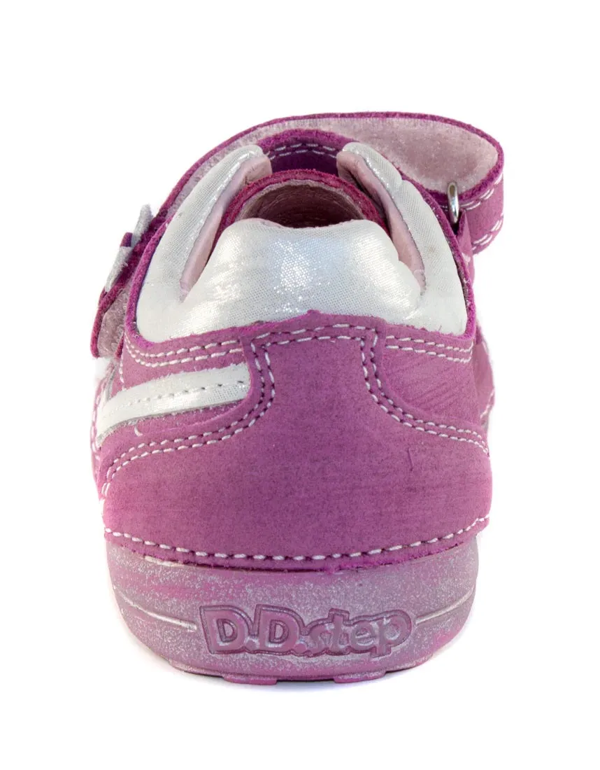 D.D. Step Little Kid Girl Double Strap Shoes Dark Pink With Flower - Supportive Leather From Europe Kids Orthopedic