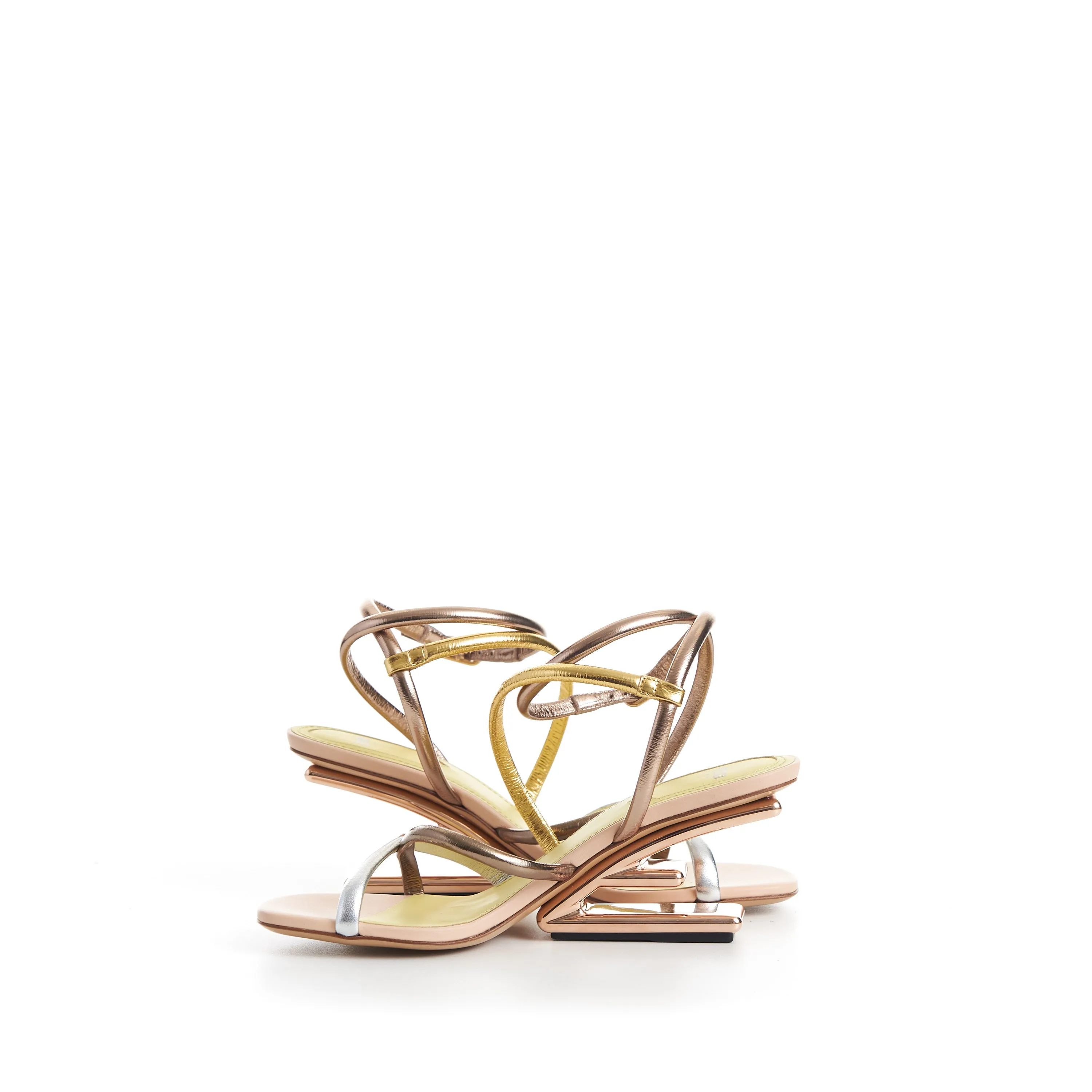 FIRST Medium Heel Sandals - Silver Gold Bronze Nappa Leather, F Shape Heel