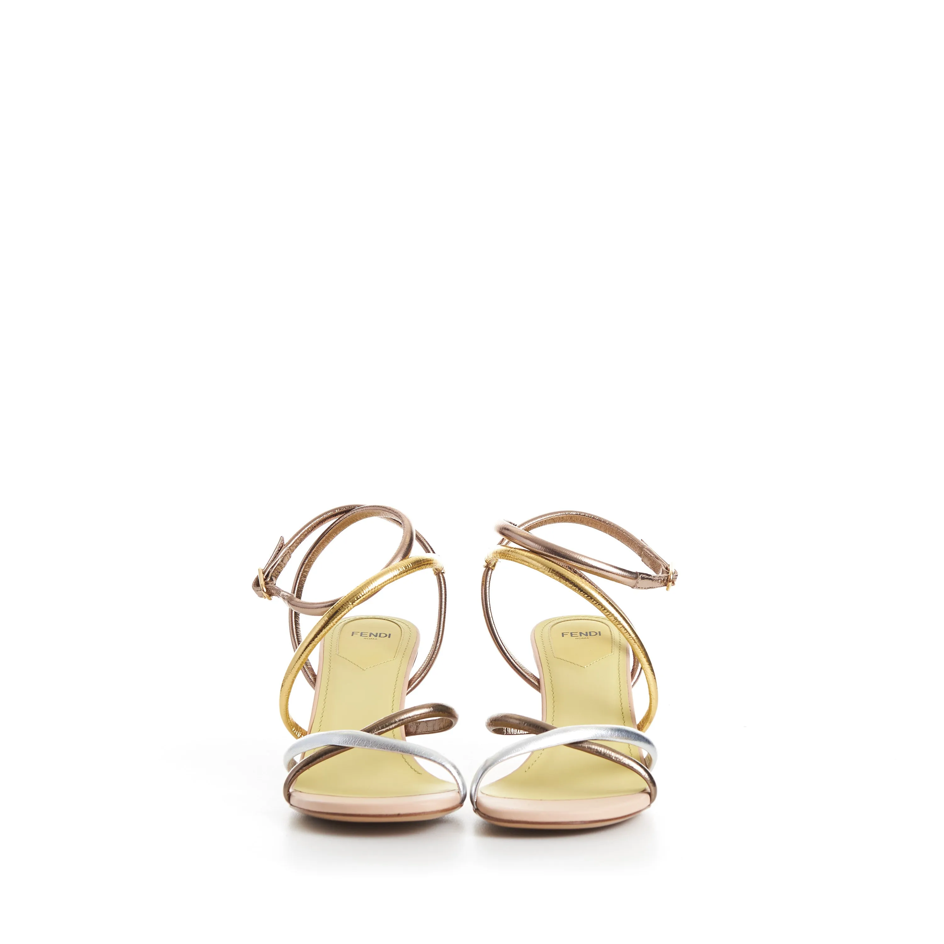 FIRST Medium Heel Sandals - Silver Gold Bronze Nappa Leather, F Shape Heel