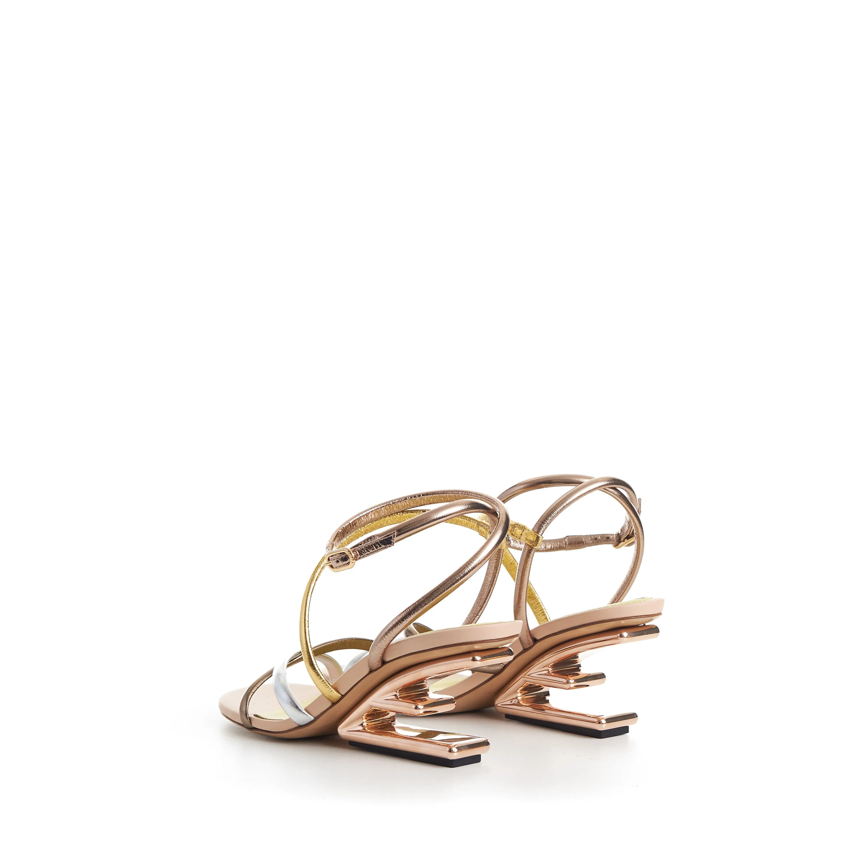 FIRST Medium Heel Sandals - Silver Gold Bronze Nappa Leather, F Shape Heel