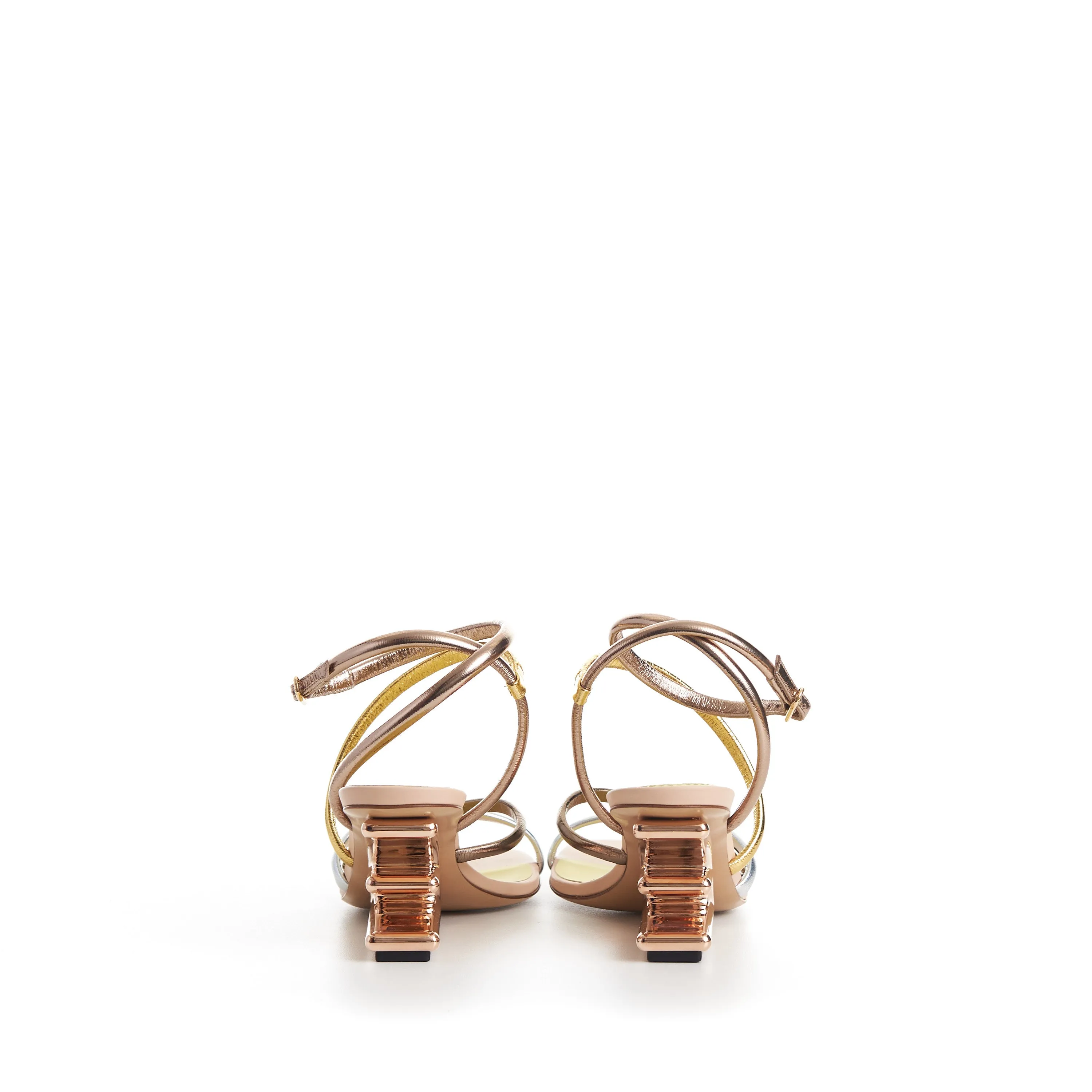 FIRST Medium Heel Sandals - Silver Gold Bronze Nappa Leather, F Shape Heel