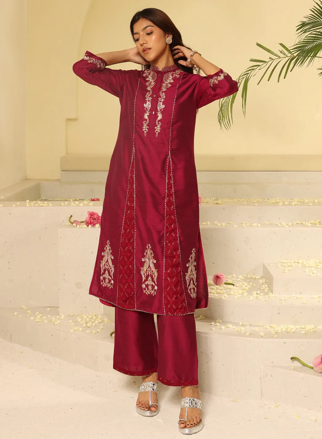 Fuchsia Embroidered Sequins Work Kurta Set