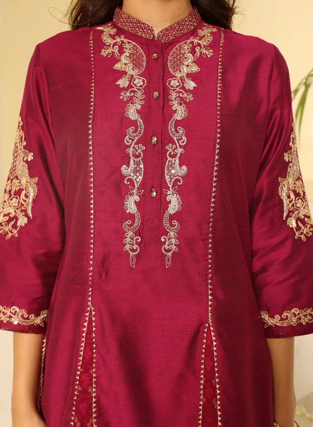 Fuchsia Embroidered Sequins Work Kurta Set