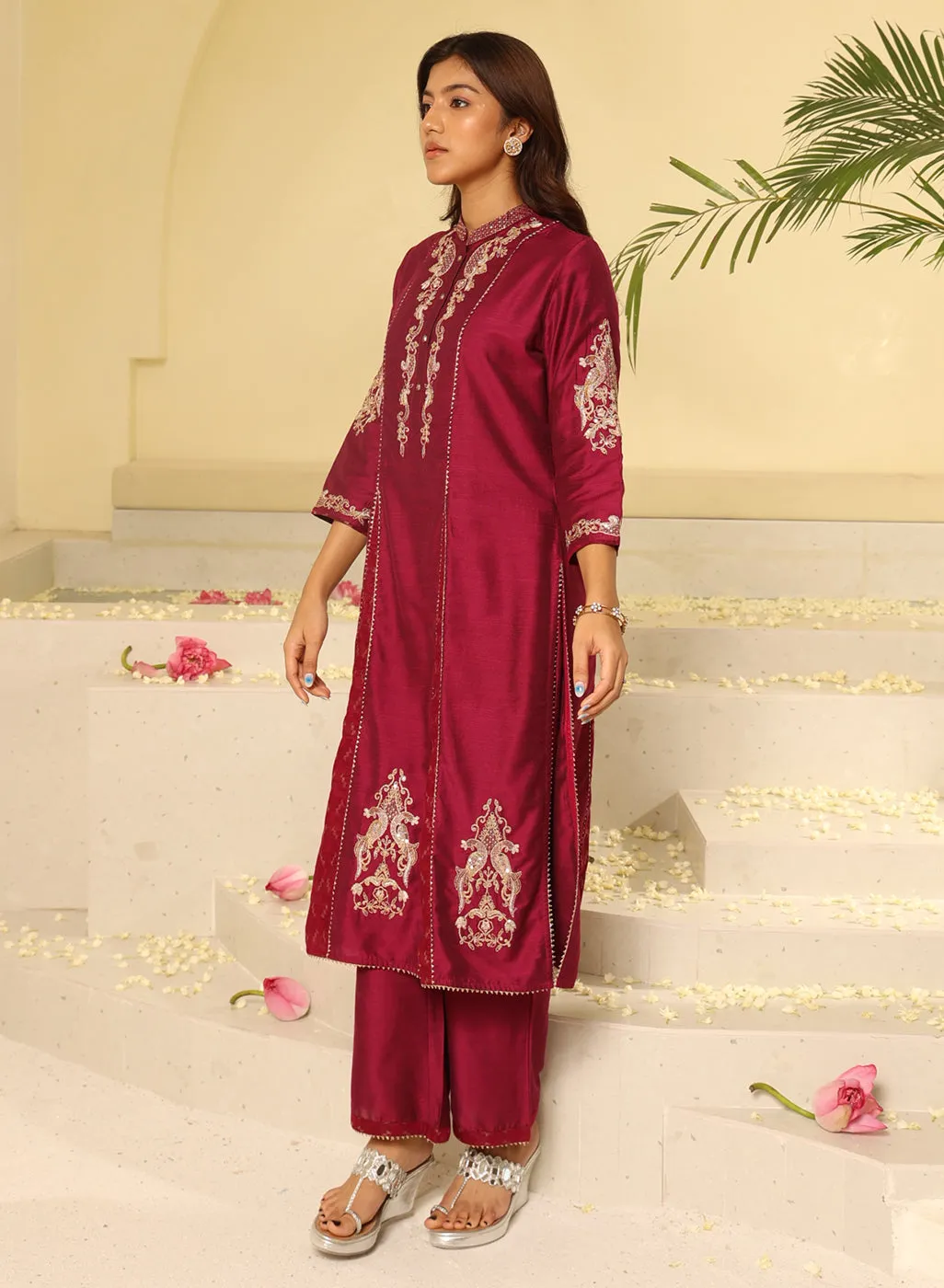 Fuchsia Embroidered Sequins Work Kurta Set