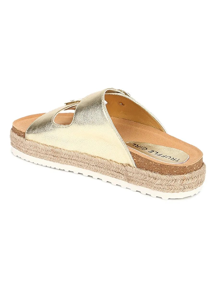 Gold PU Side Buckle Wedges Espadrilles Sandals