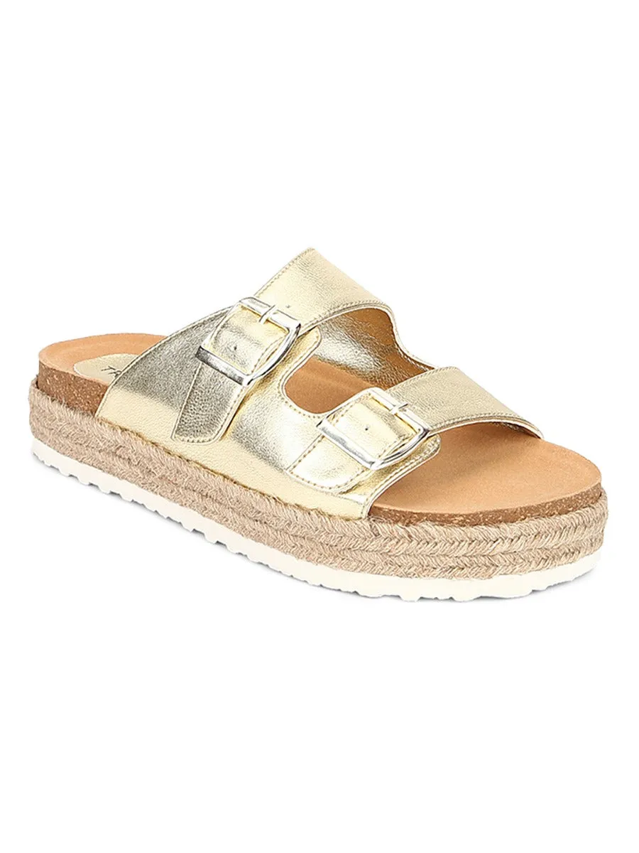 Gold PU Side Buckle Wedges Espadrilles Sandals