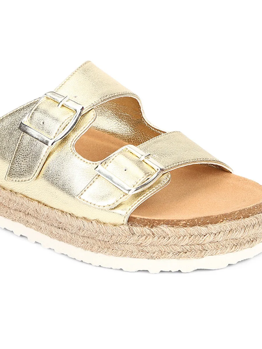 Gold PU Side Buckle Wedges Espadrilles Sandals