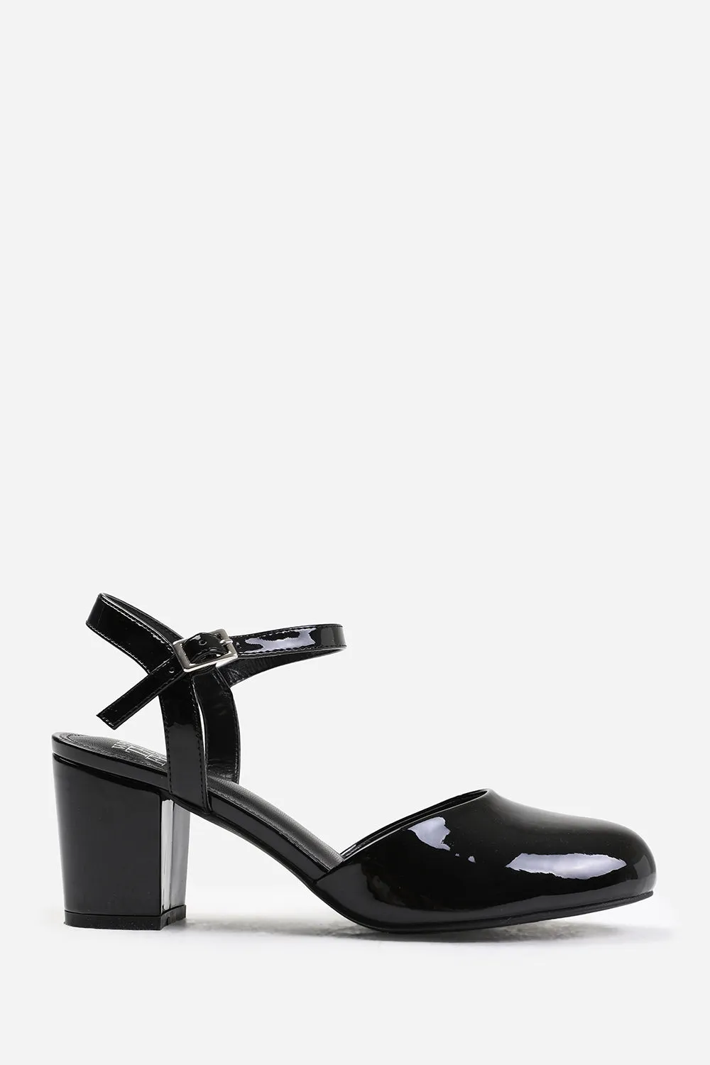 GUELDER ROUND TOE MID BLOCK HEEL WITH STRAP IN BLACK PATENT