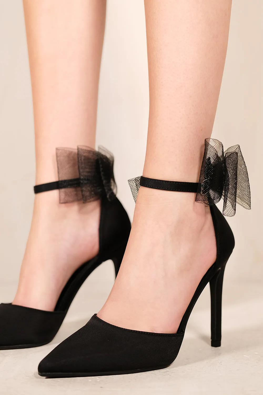 HULANI POINTED TOE HIGH HEELS WITH MESH BOW IN BLACK LYCRA