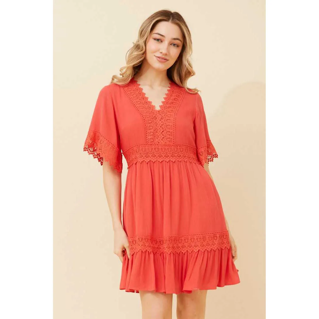 Lace Trim Short Dress - Tangerine