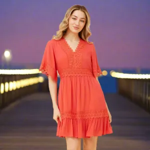 Lace Trim Short Dress - Tangerine