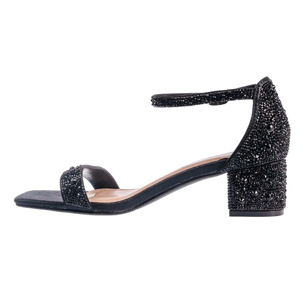 Lady Couture DAZZLE Black 2-Inch Mid Block Heel Rhinestone Sandal