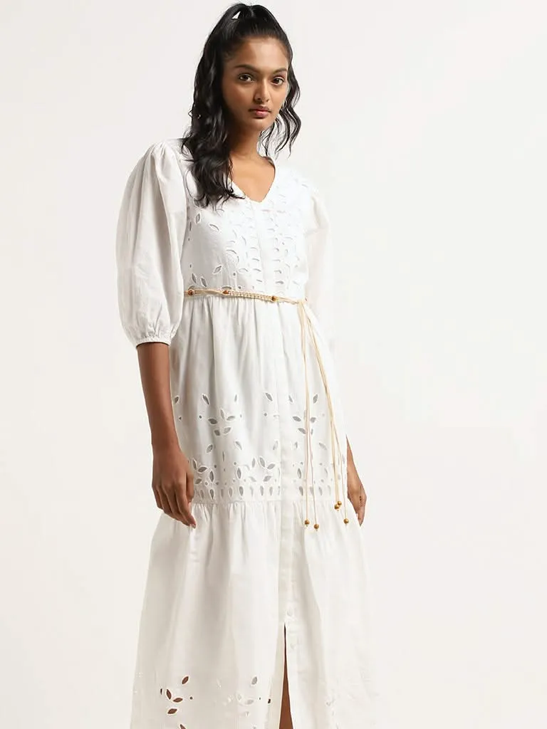 LOV White Cotton Schiffli Maxi Dress