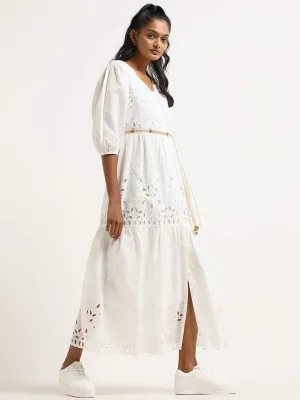 LOV White Cotton Schiffli Maxi Dress