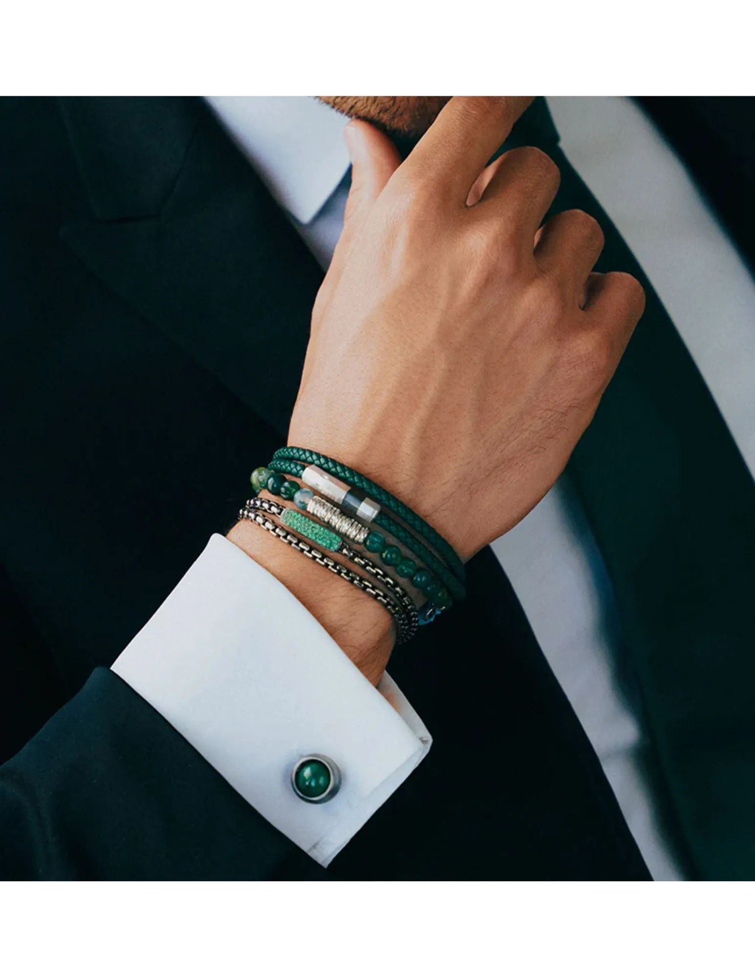 Octagon Click Pelle Bracelet | Green & Sterling Silver