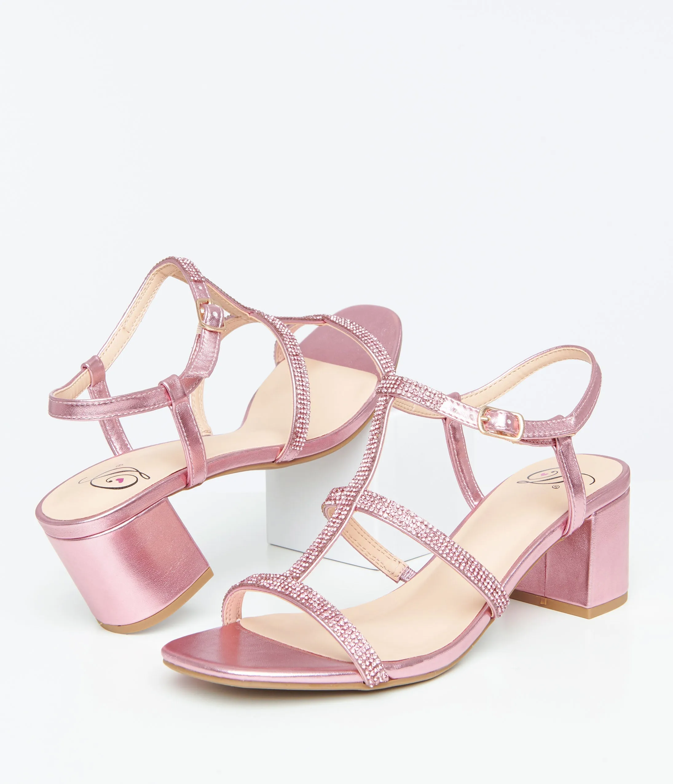 Pink Rhinestone Leatherette T-Strap Heels