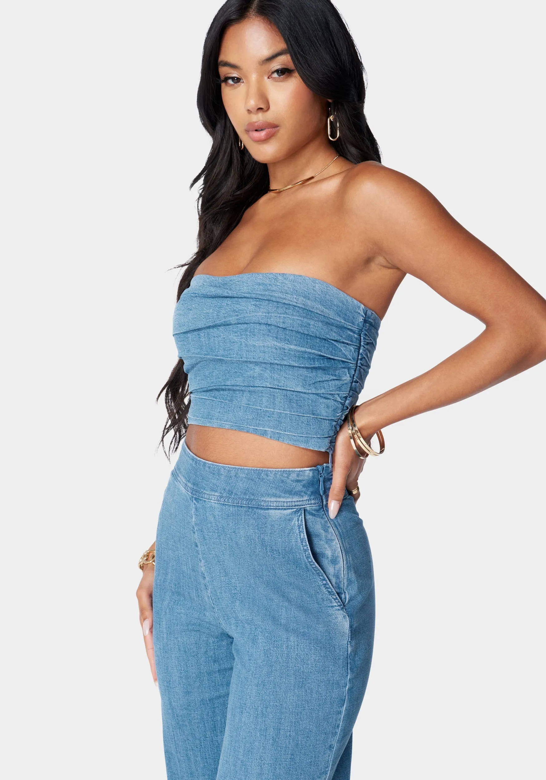 Pleated Bandeau Denim Top