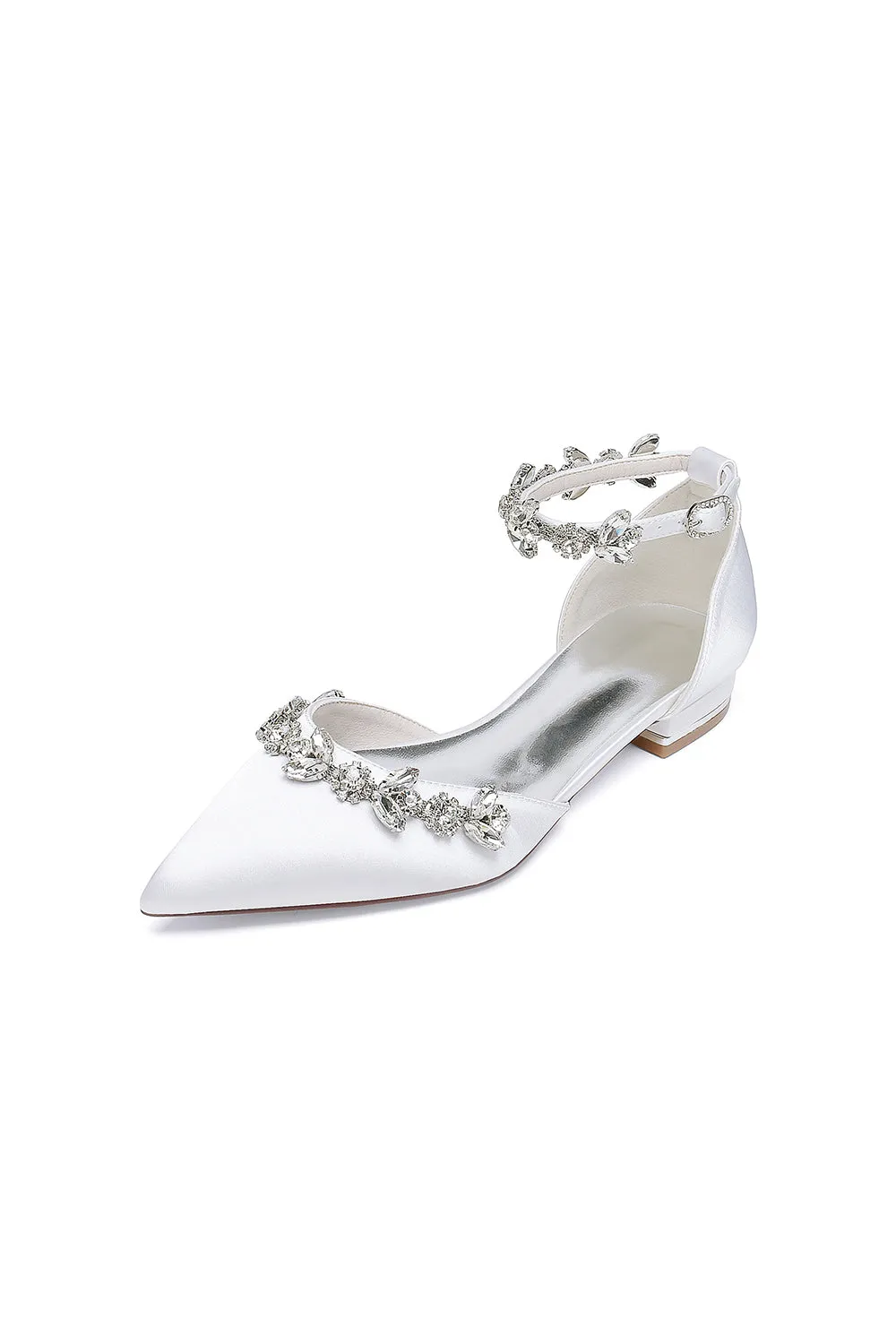 Pointed Toe Rhinestone Beaded Ankle Strap Kitten Heels