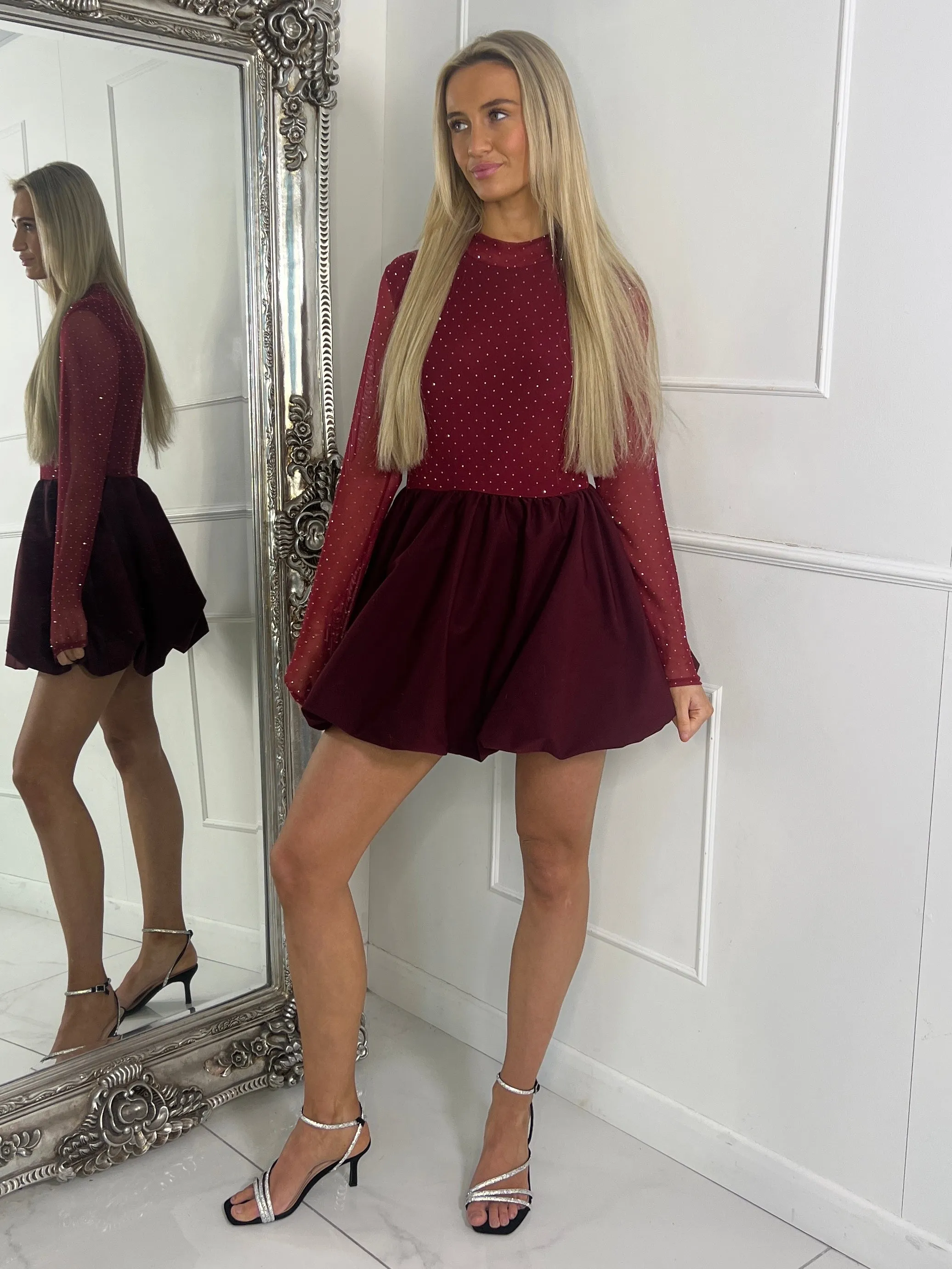 Puff Ball Diamante Dress -  Wine