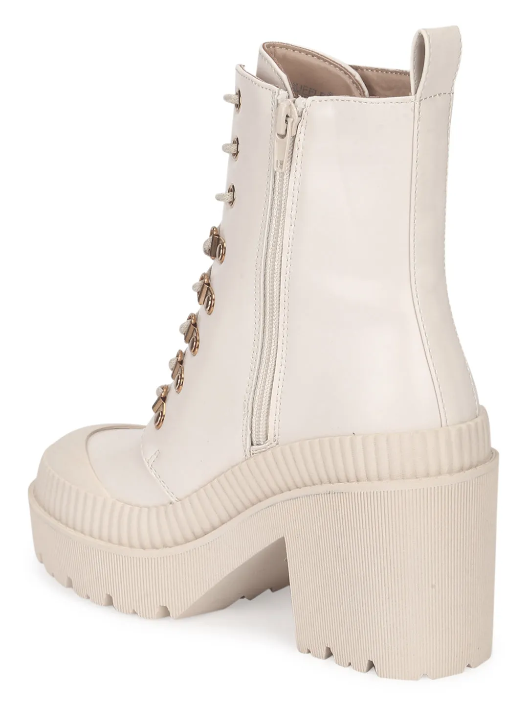 Putty Beige PU Lace Up Block Heel Ankle Boots