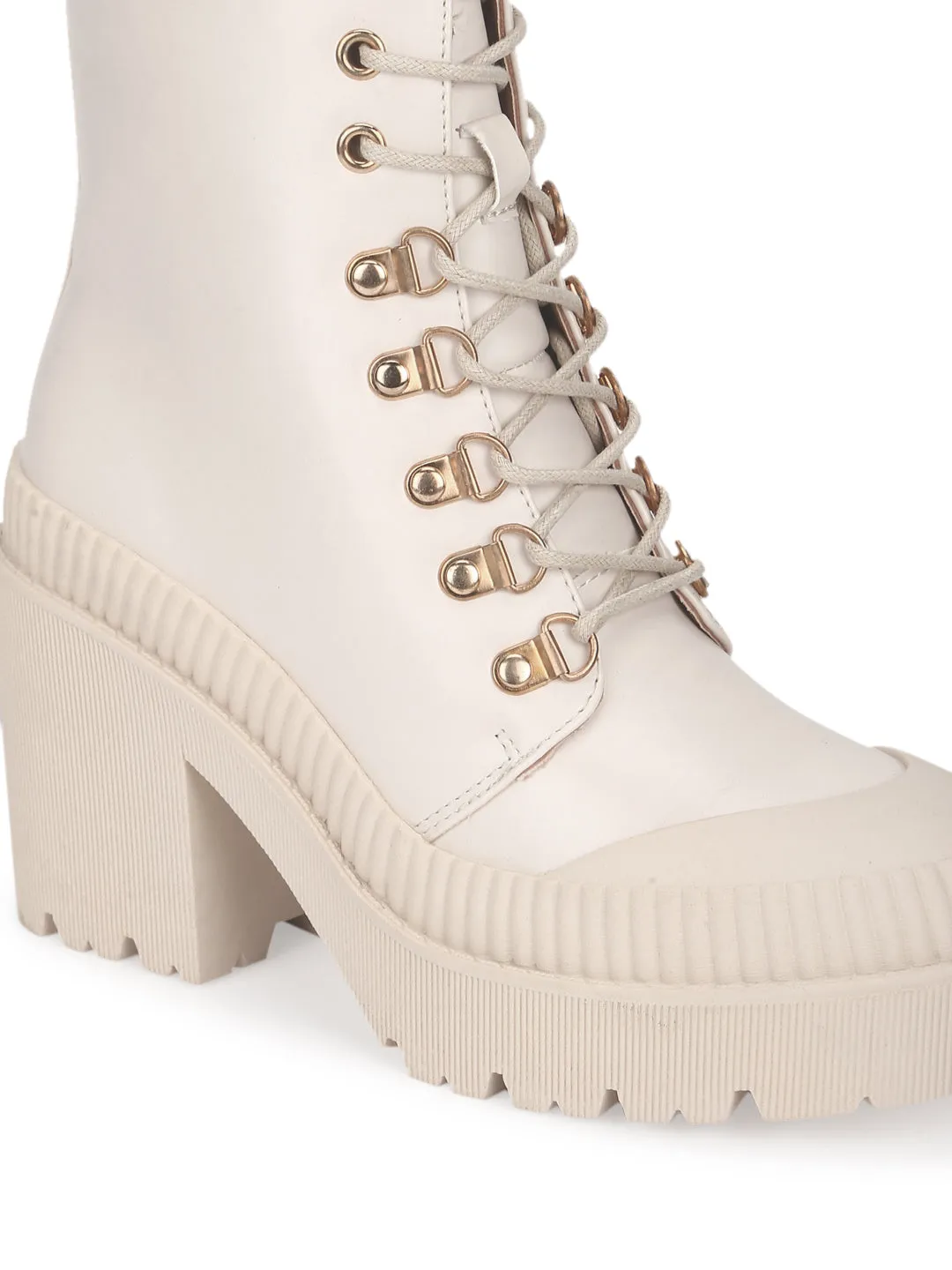 Putty Beige PU Lace Up Block Heel Ankle Boots