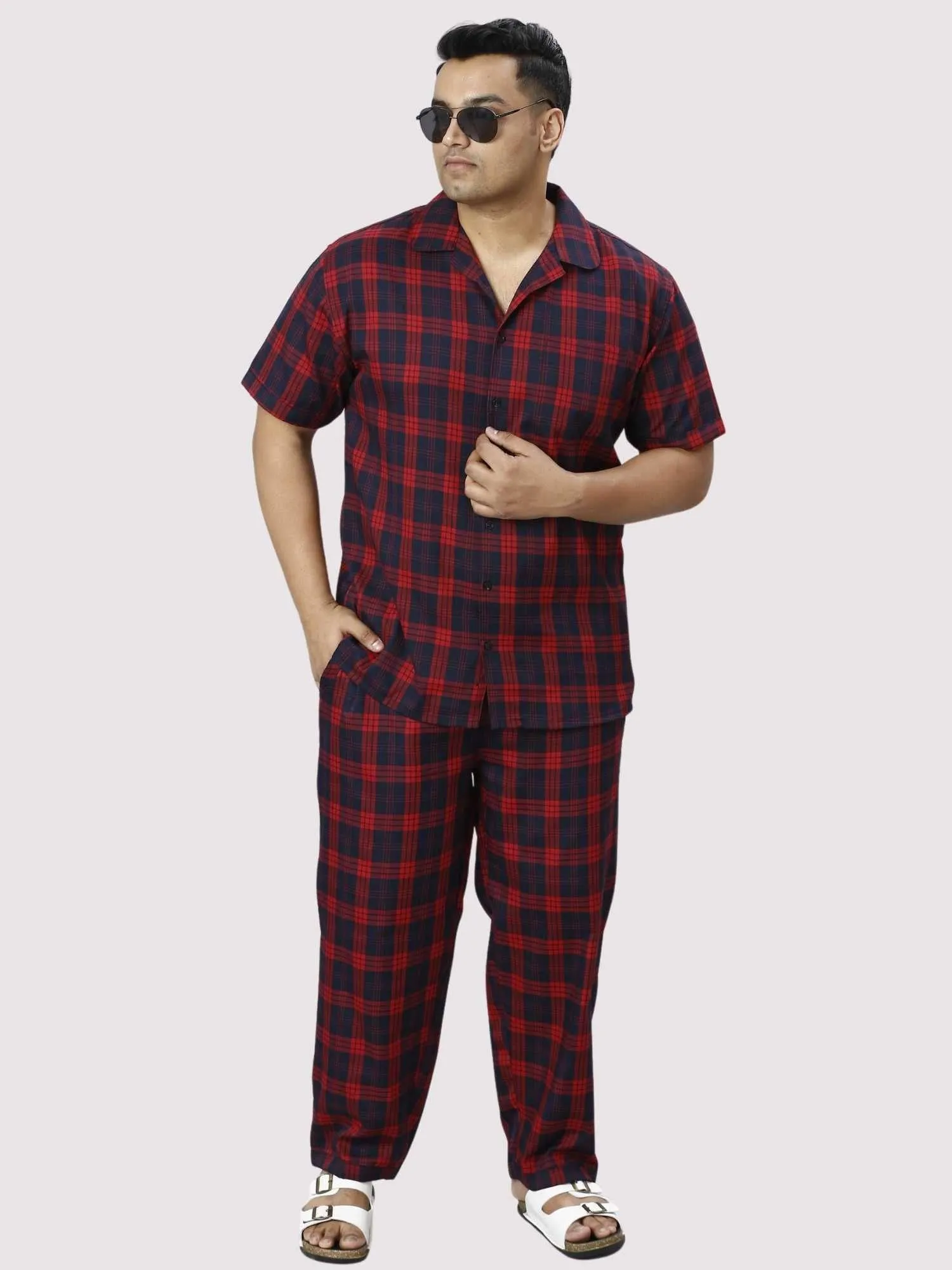 Red and Black Checks Printed Full Co-ords Set Men's Plus Size