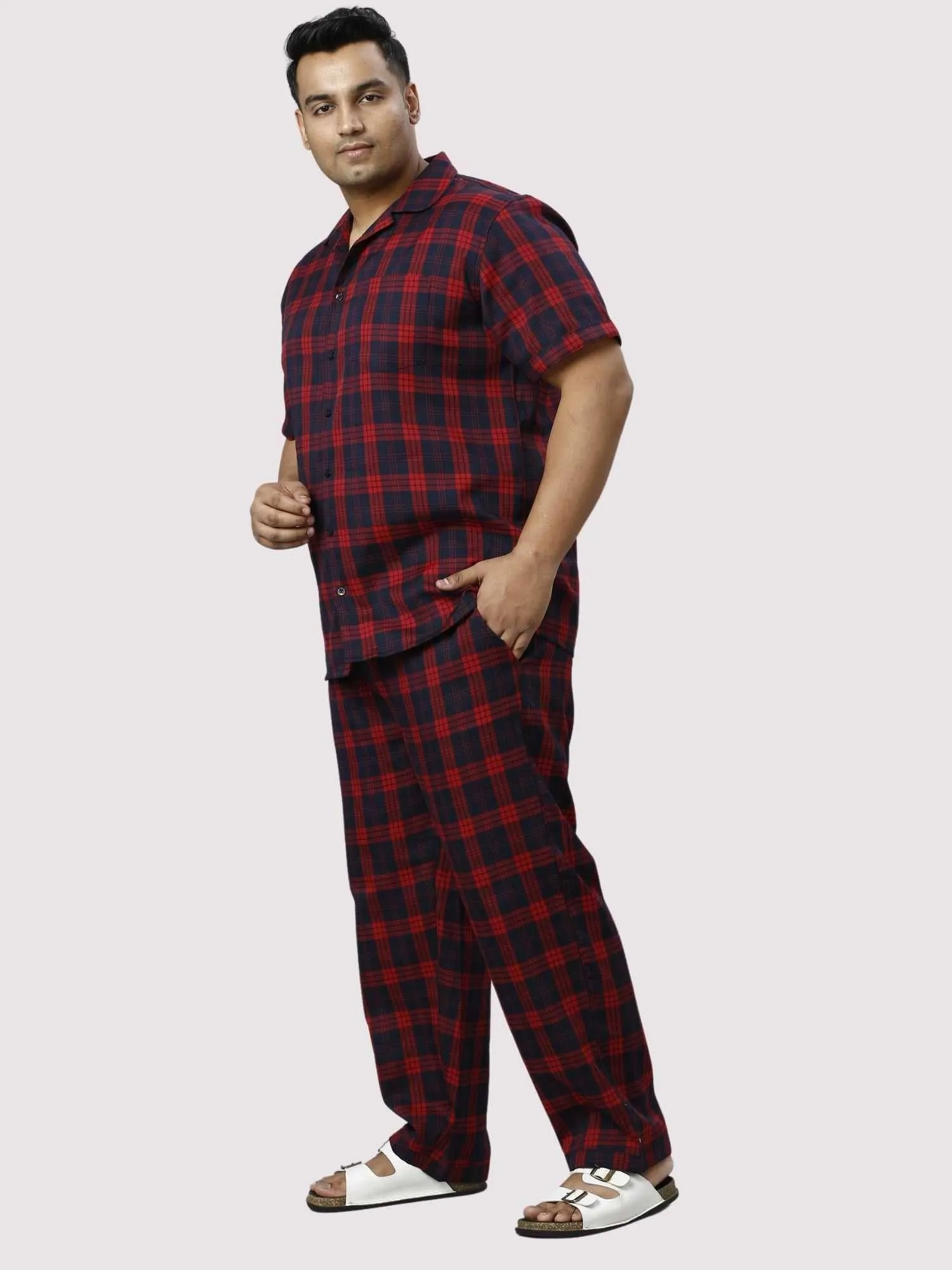 Red and Black Checks Printed Full Co-ords Set Men's Plus Size