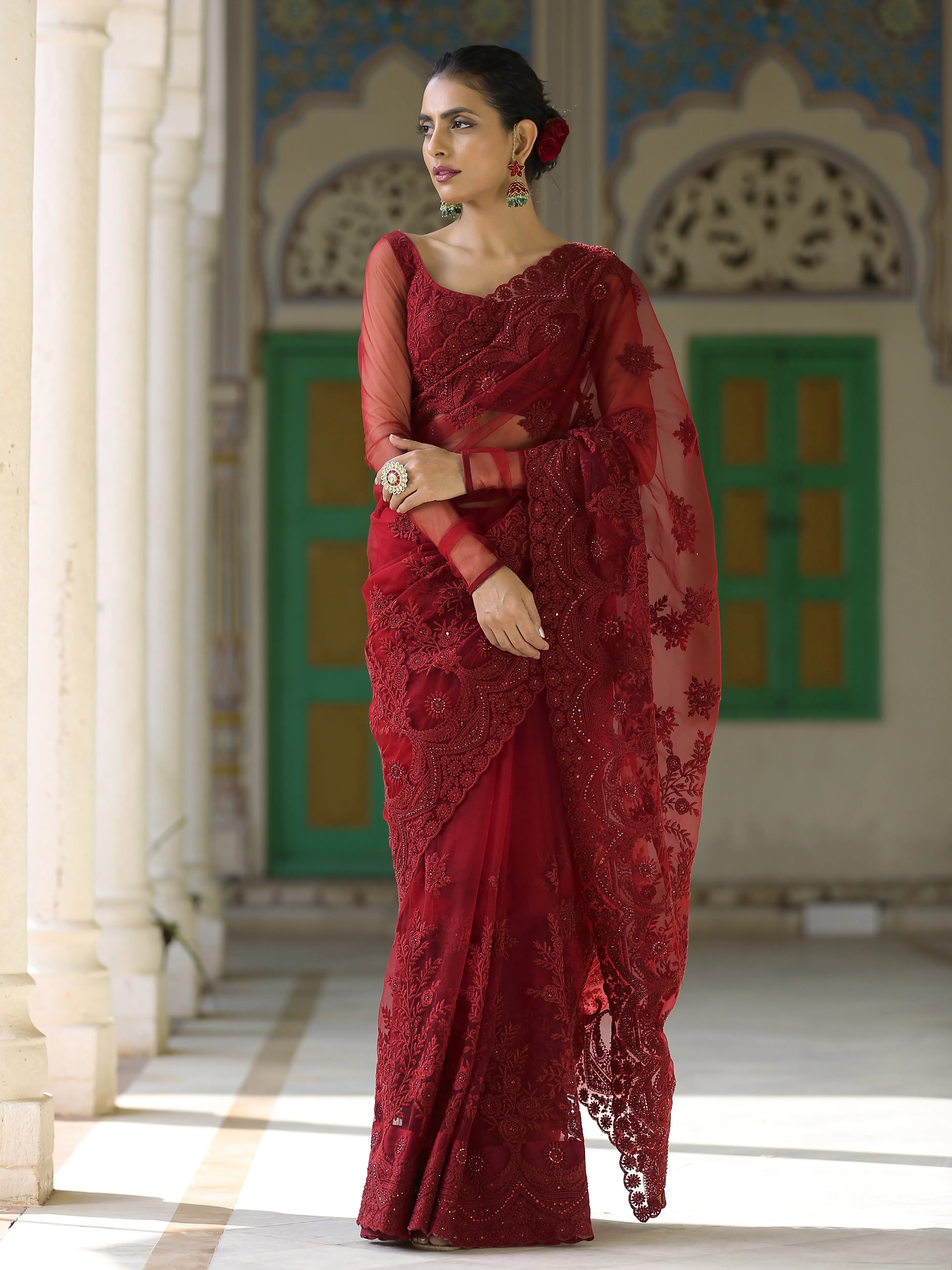 Retro Burgundy Net Saree with Embroidery & Scalloping