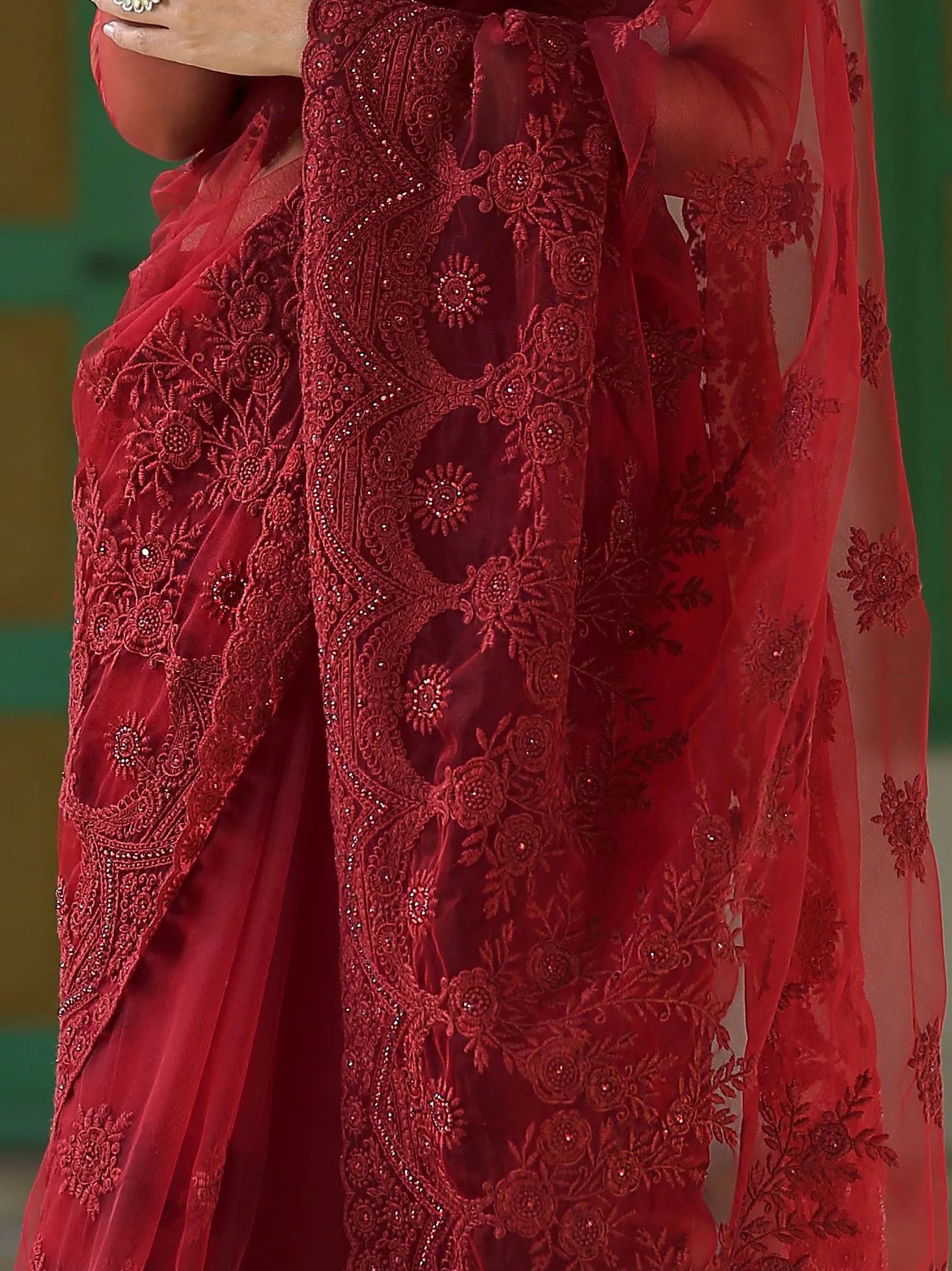 Retro Burgundy Net Saree with Embroidery & Scalloping